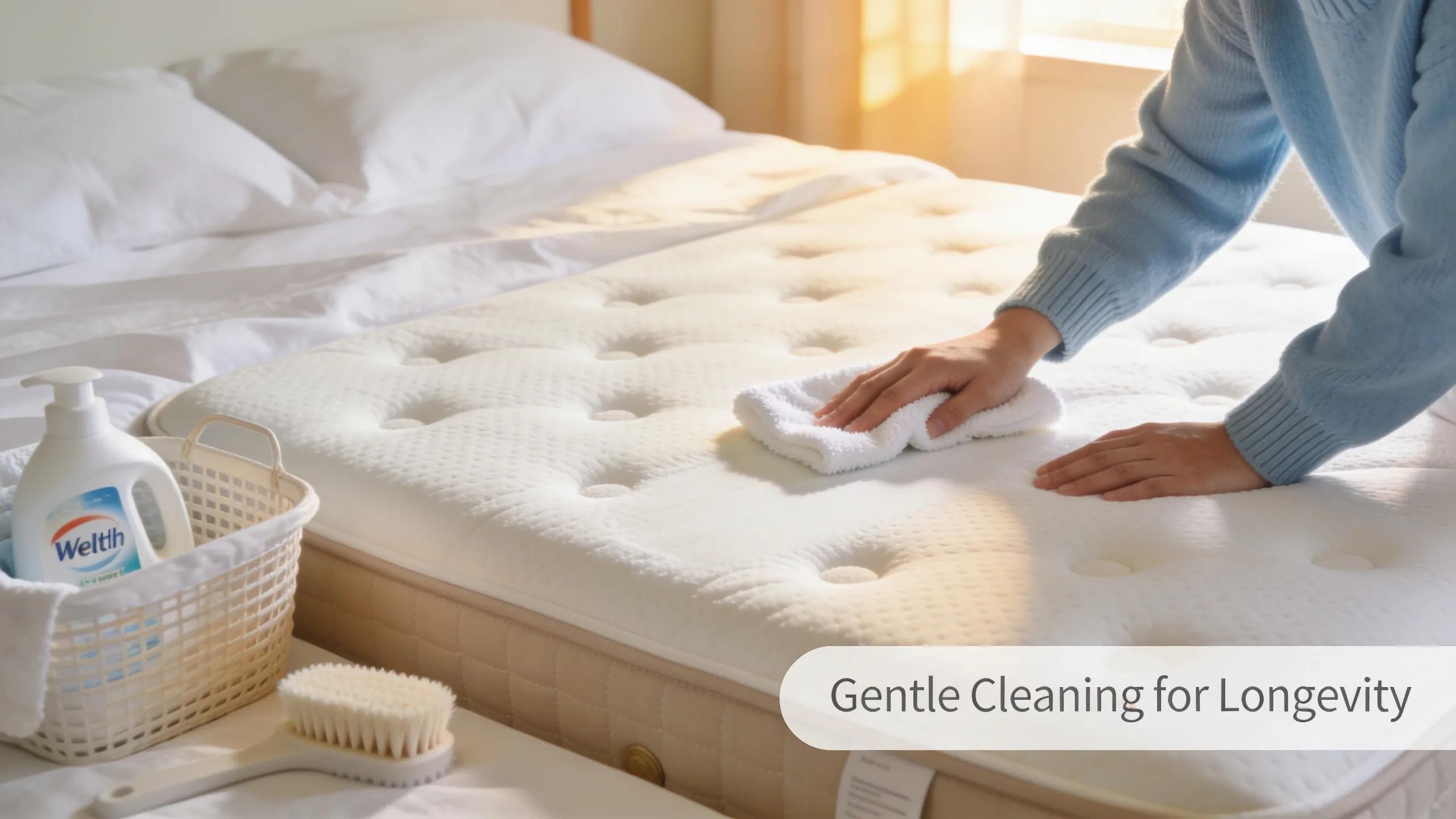 Person cleaning a memory foam mattress topper, illustrating best care practices for longevity.