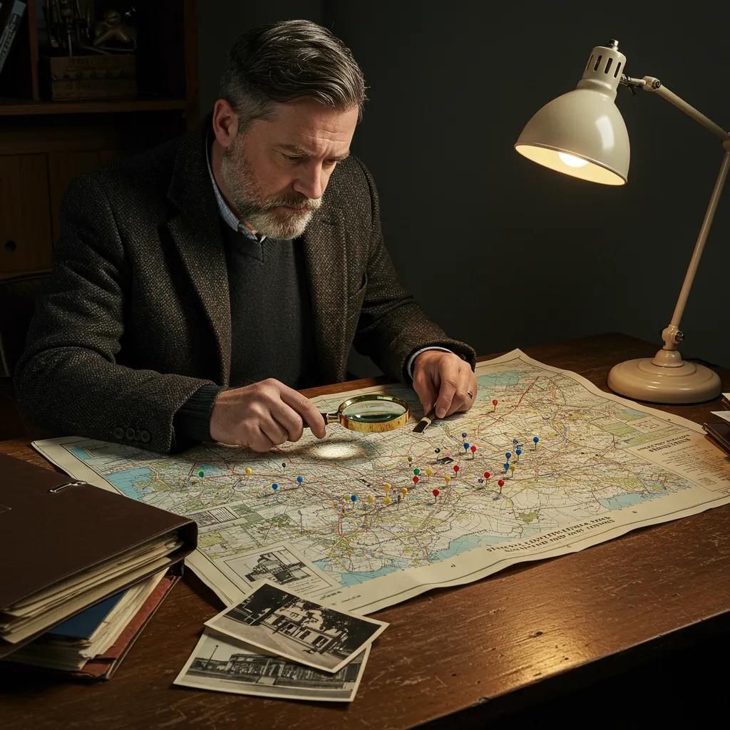 A private investigator in Southend-on-Sea meticulously examining a map for people tracing services