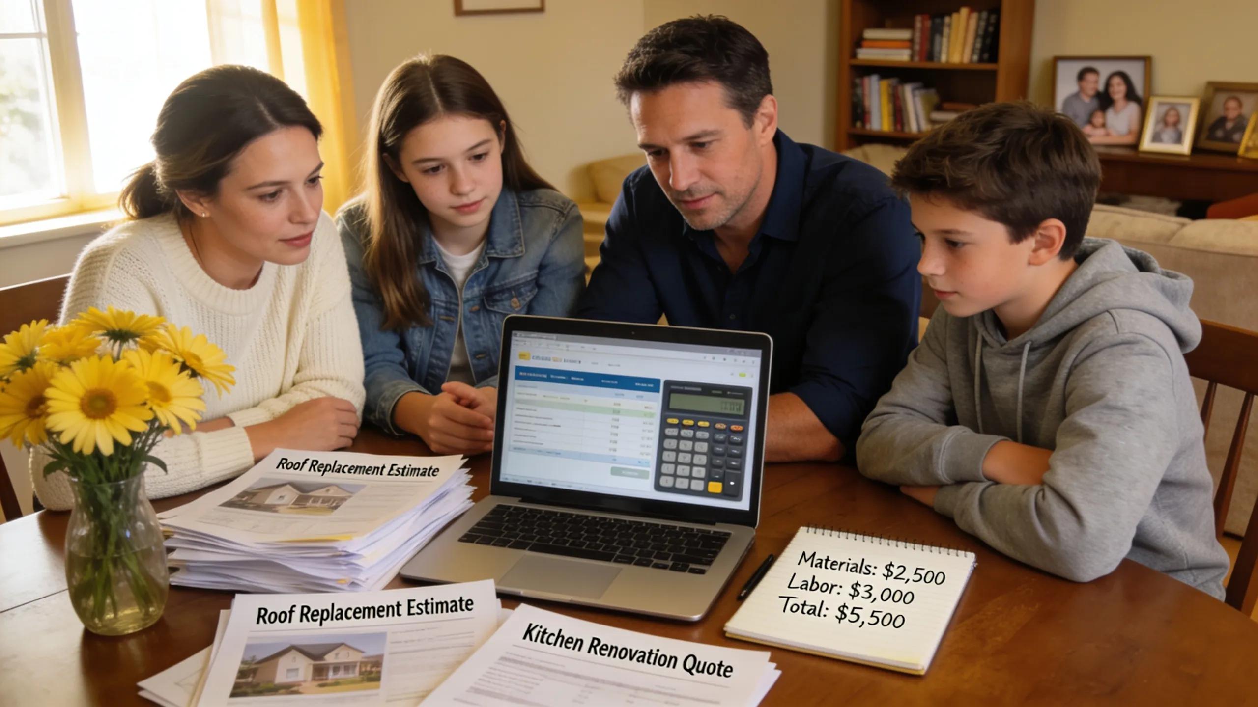 Family budgeting for home repairs at a dining table with a laptop and paperwork
