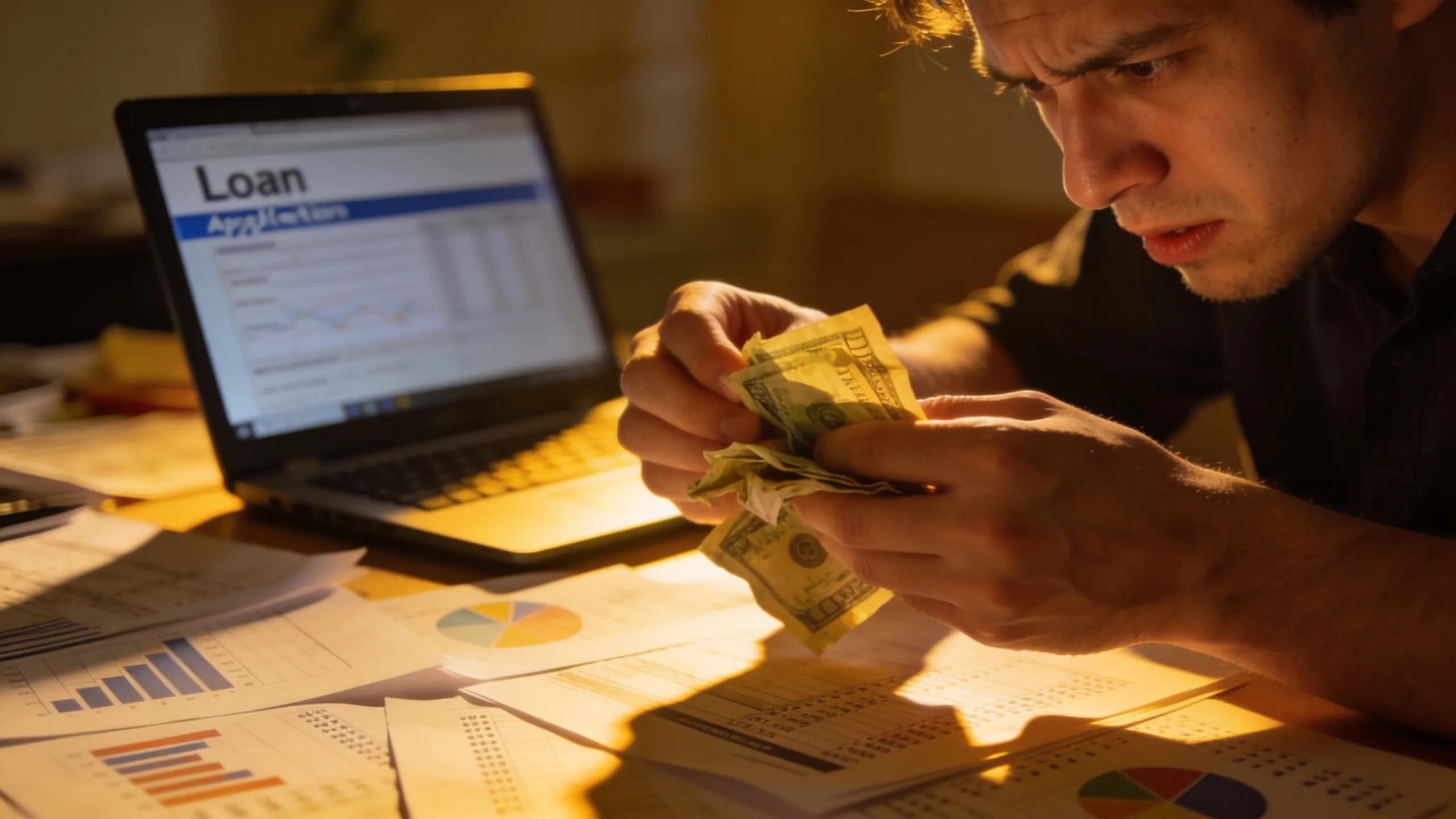 Individual in need of quick financial solutions counting cash and examining documents, highlighting the urgency of payday loans. Individual in need of quick financial solutions counting cash and examining documents, highlighting the urgency of payday loans.
