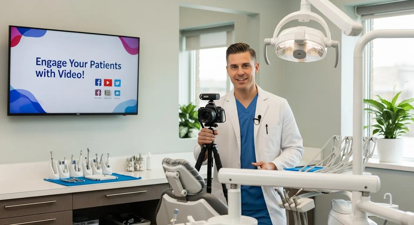 Dentist filming a video in the office, highlighting the role of video marketing in patient engagement