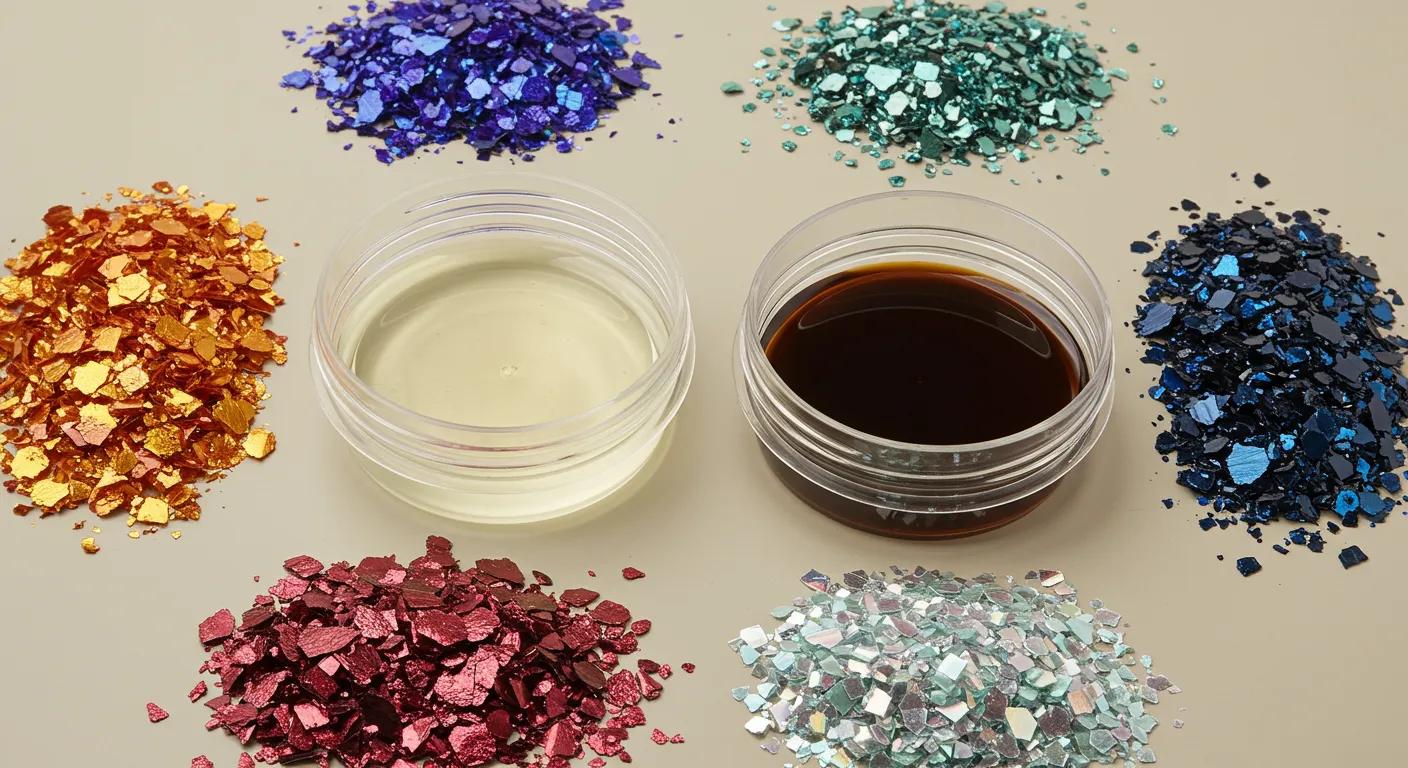 Main components of epoxy coating including resin, hardener, and decorative flakes