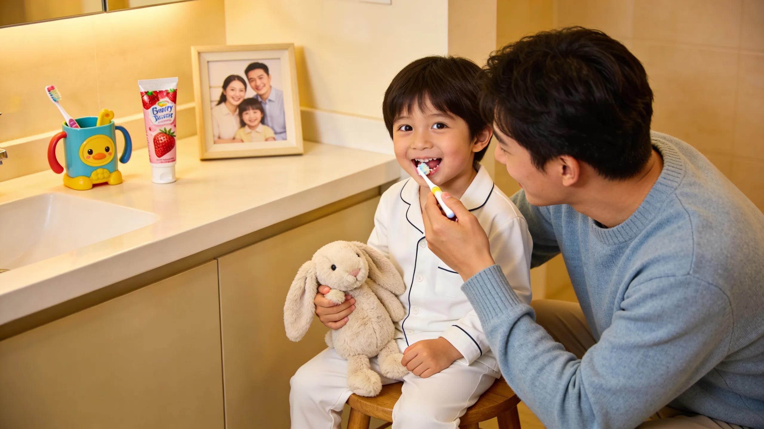 Child preparing for dental visit with comfort toy in a cozy home setting