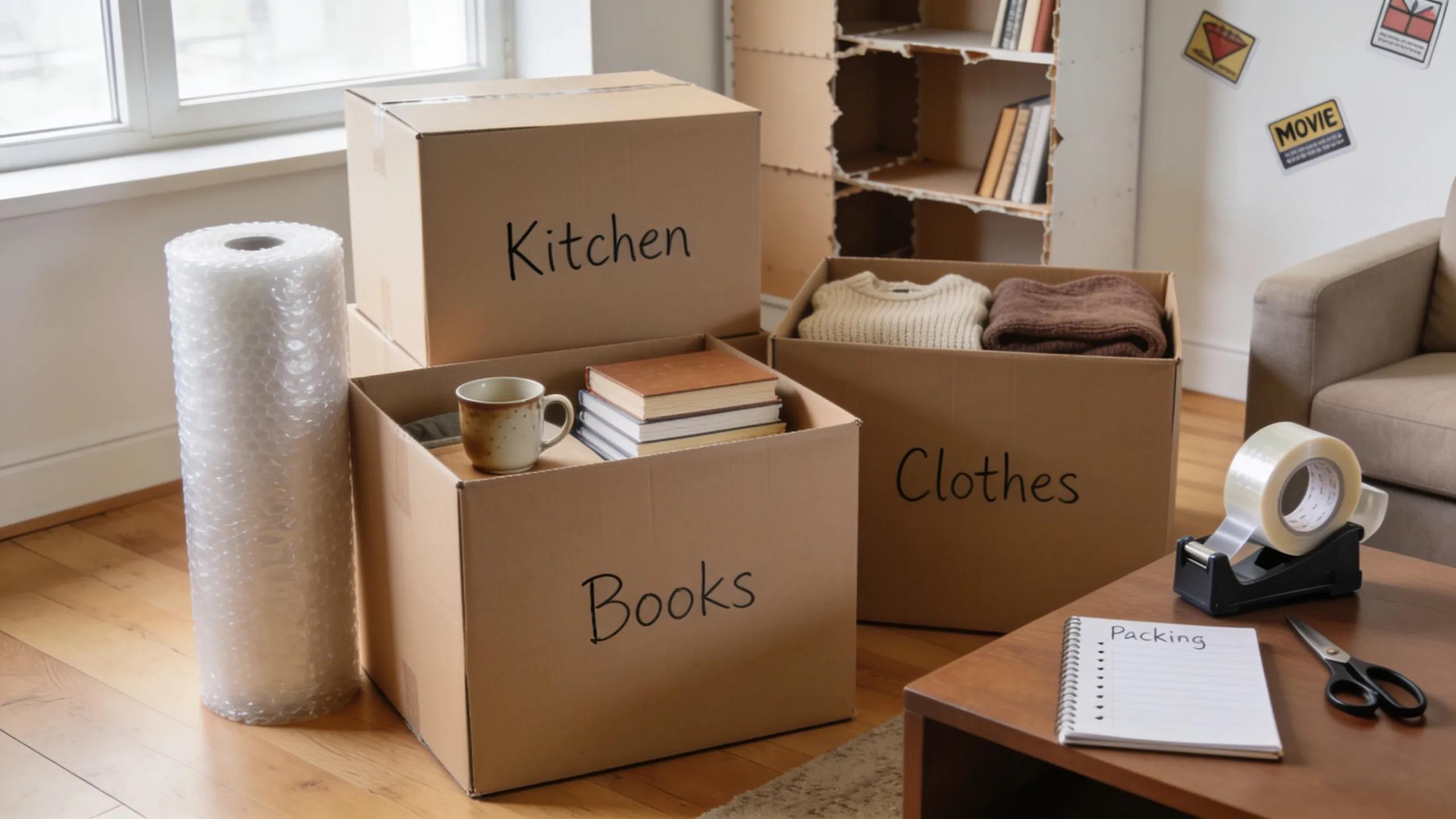 Organized packing scene with labeled boxes and packing materials for a move