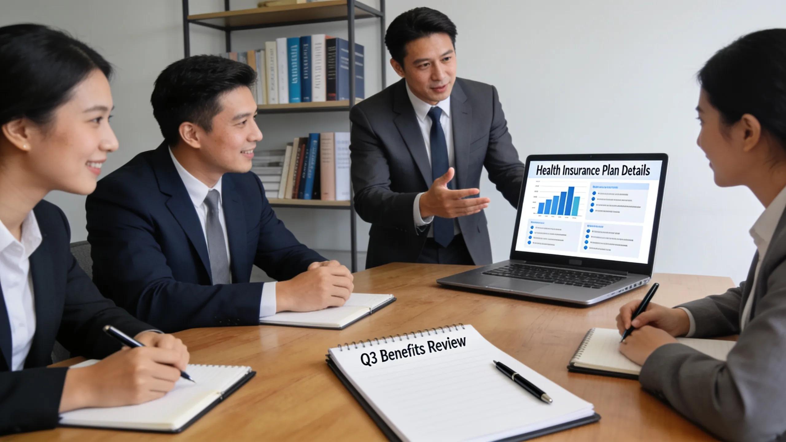 Consultant advising company leaders on employee health insurance benefits planning
