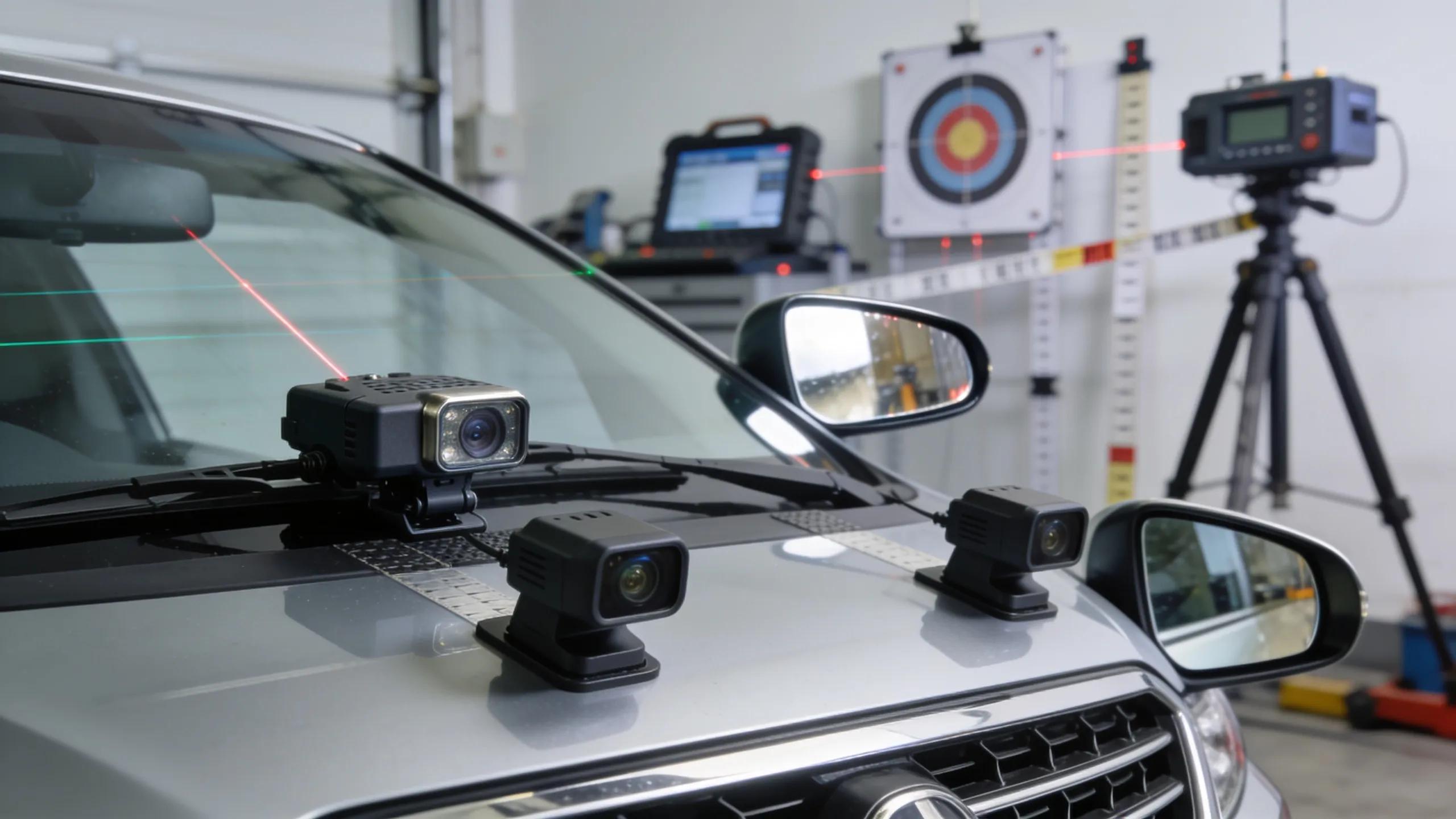 Close-up of ADAS sensors and cameras being calibrated after a windscreen replacement