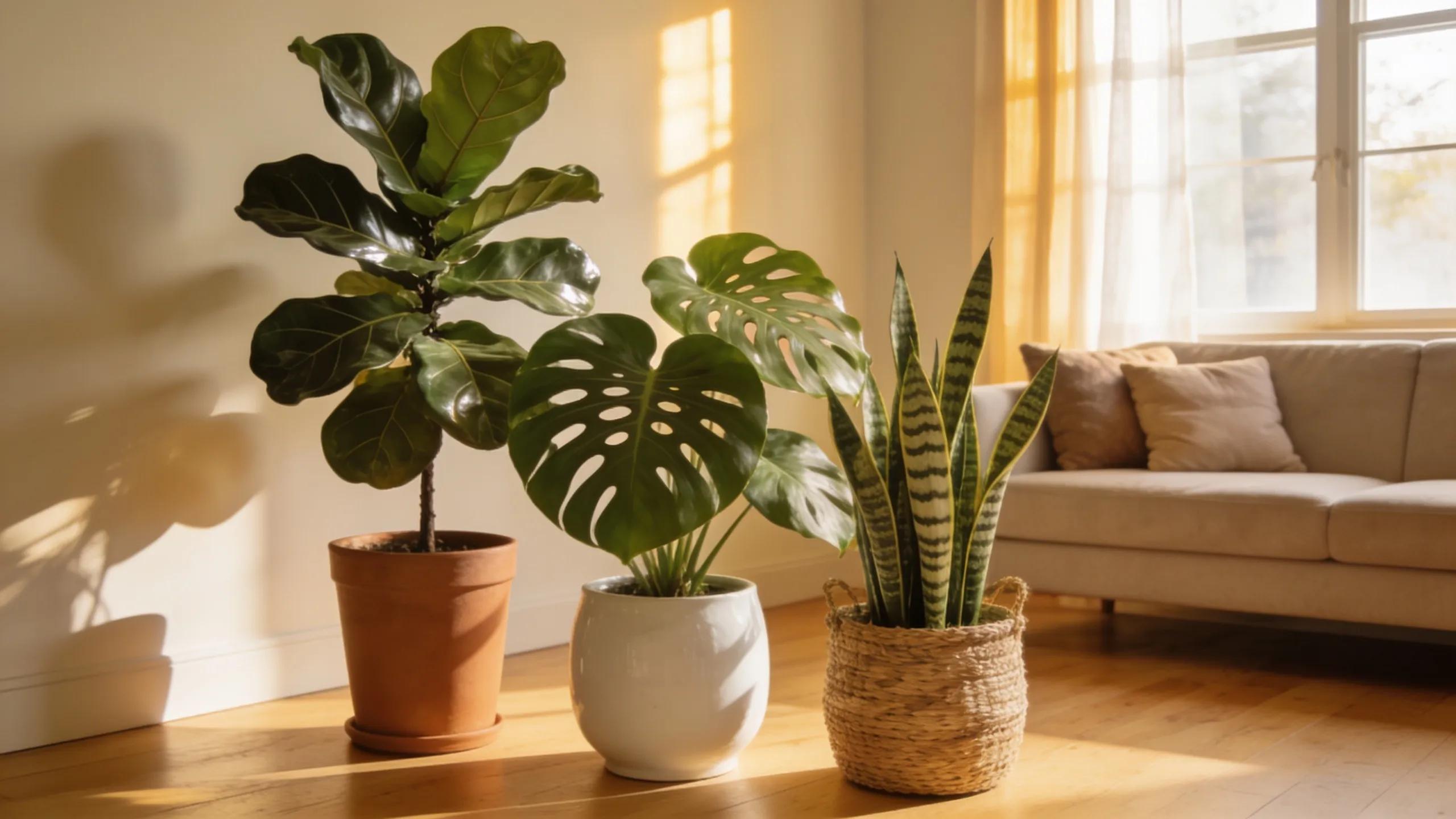 Diverse large indoor plants enhancing a beautifully decorated living space with vibrant green foliage