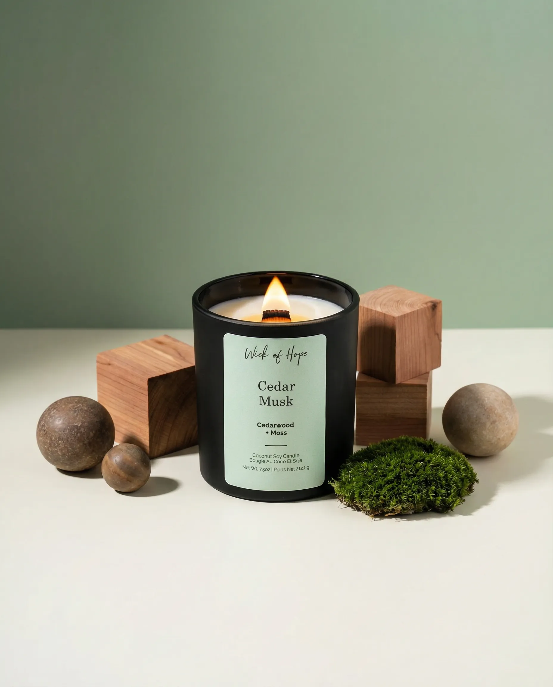 Display of non-toxic candle alternatives made from soy, beeswax, and coconut wax, surrounded by essential oils and natural elements