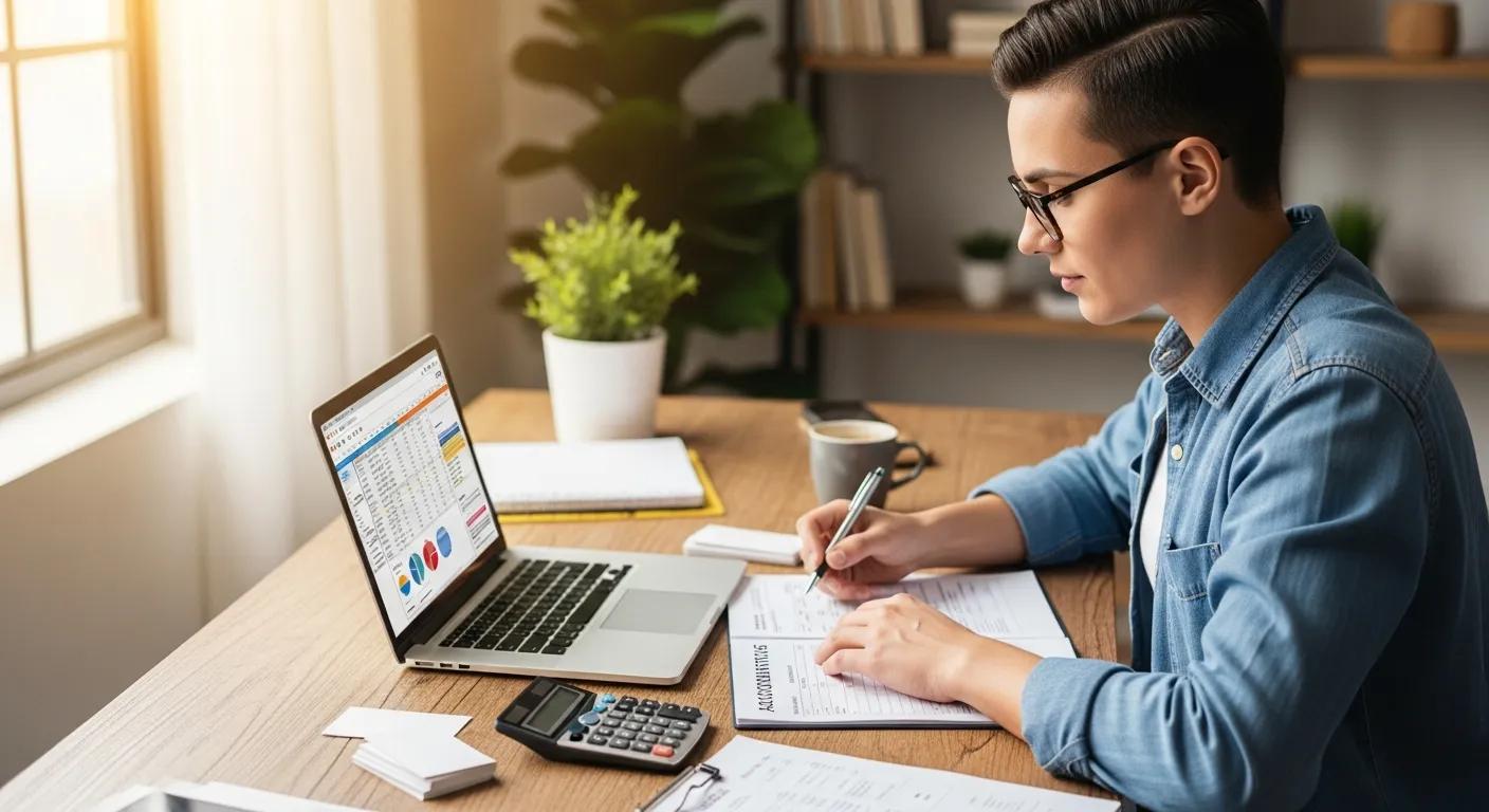 Small business owner working on accounting tasks with a laptop and financial documents