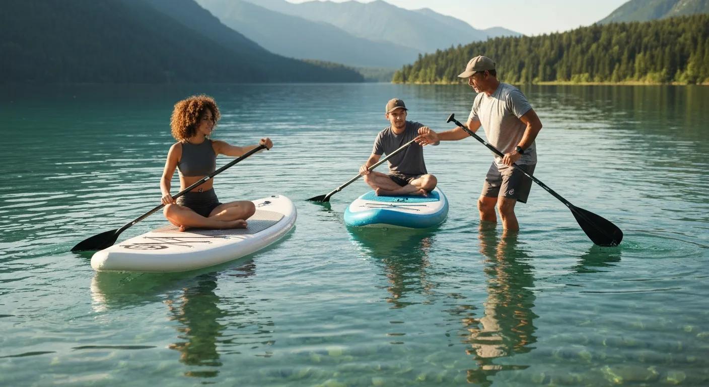 Small group of beginners on a guided SUP tour practicing techniques in a scenic setting