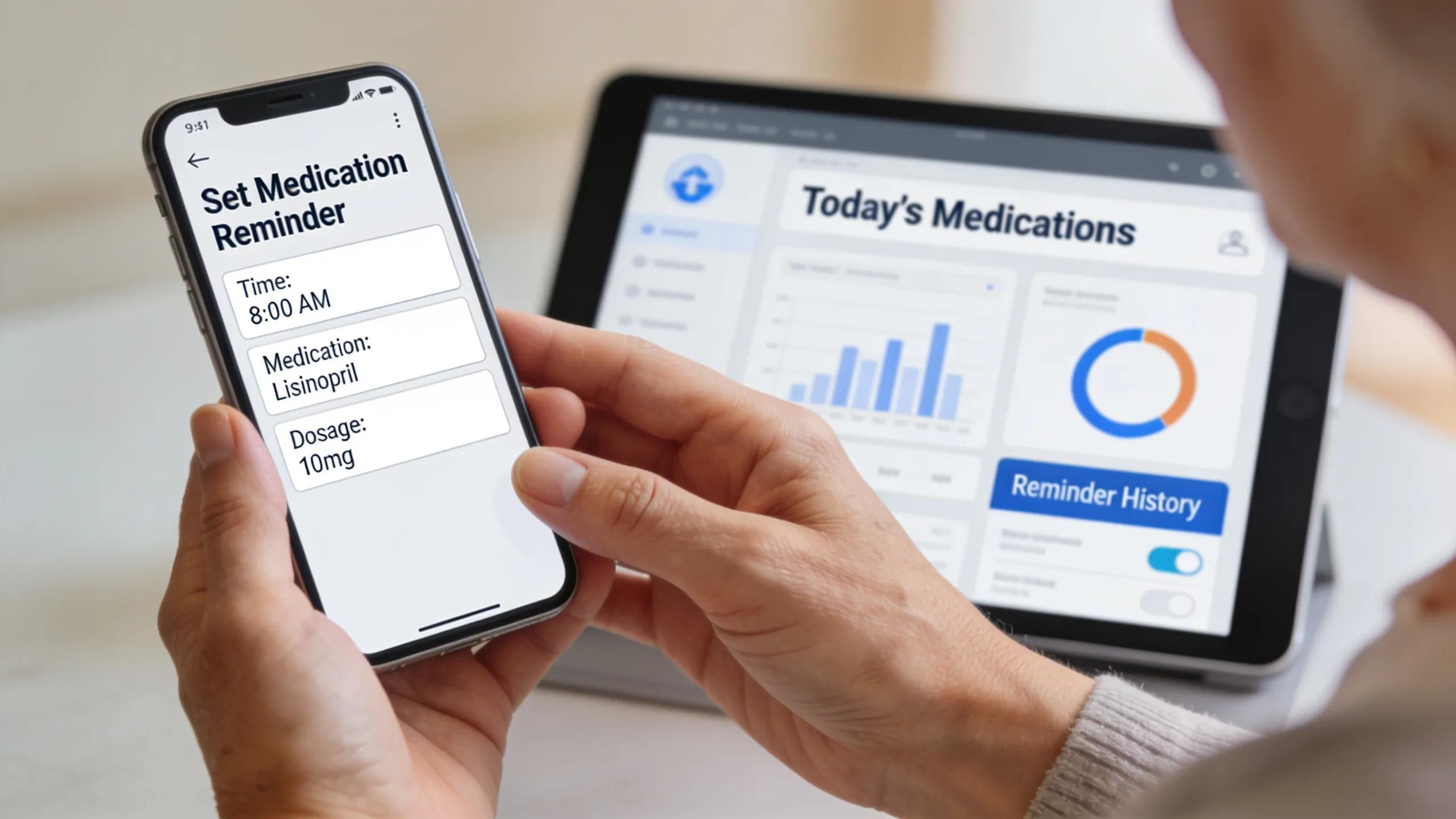 Caregiver setting medication reminders on a smartphone, emphasizing technology in communication methods for seniors