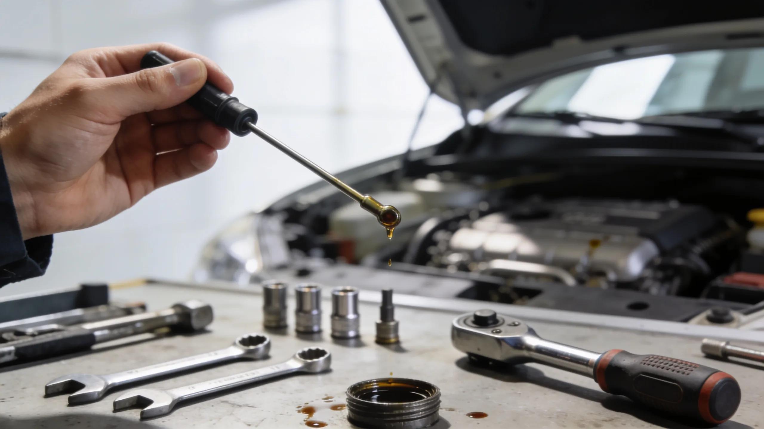 Mechanic checking engine oil levels for essential vehicle fluid maintenance