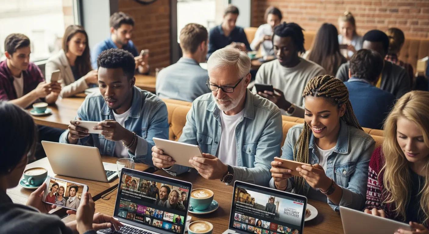 Diverse group engaging with video content on devices in a lively setting Diverse group engaging with video content on devices in a lively setting