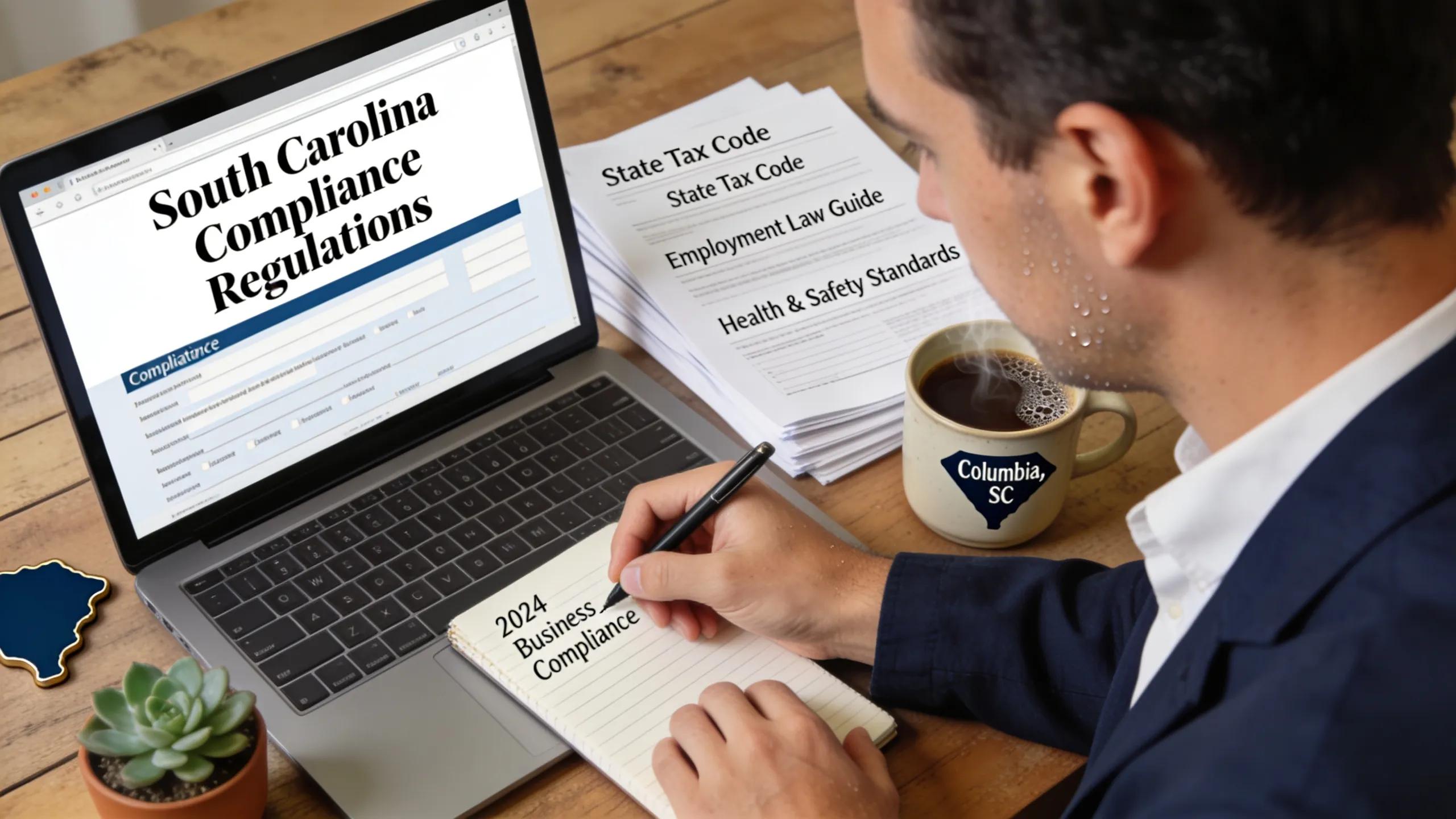 Small business owner reviewing compliance regulations on a laptop with relevant documents