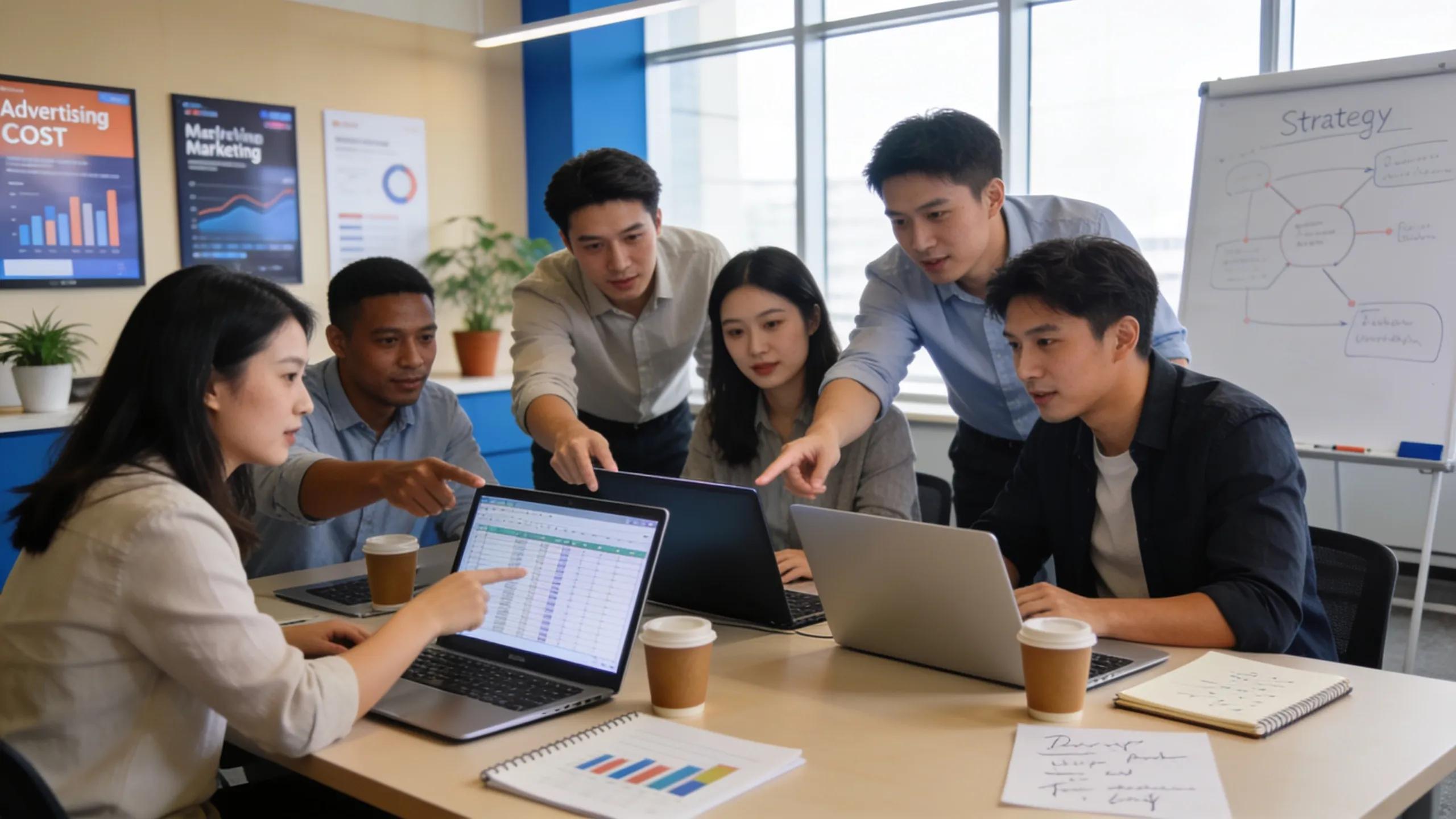 Marketers discussing advertising strategies in a collaborative office environment, highlighting teamwork in evaluating cost considerations for casino marketing.