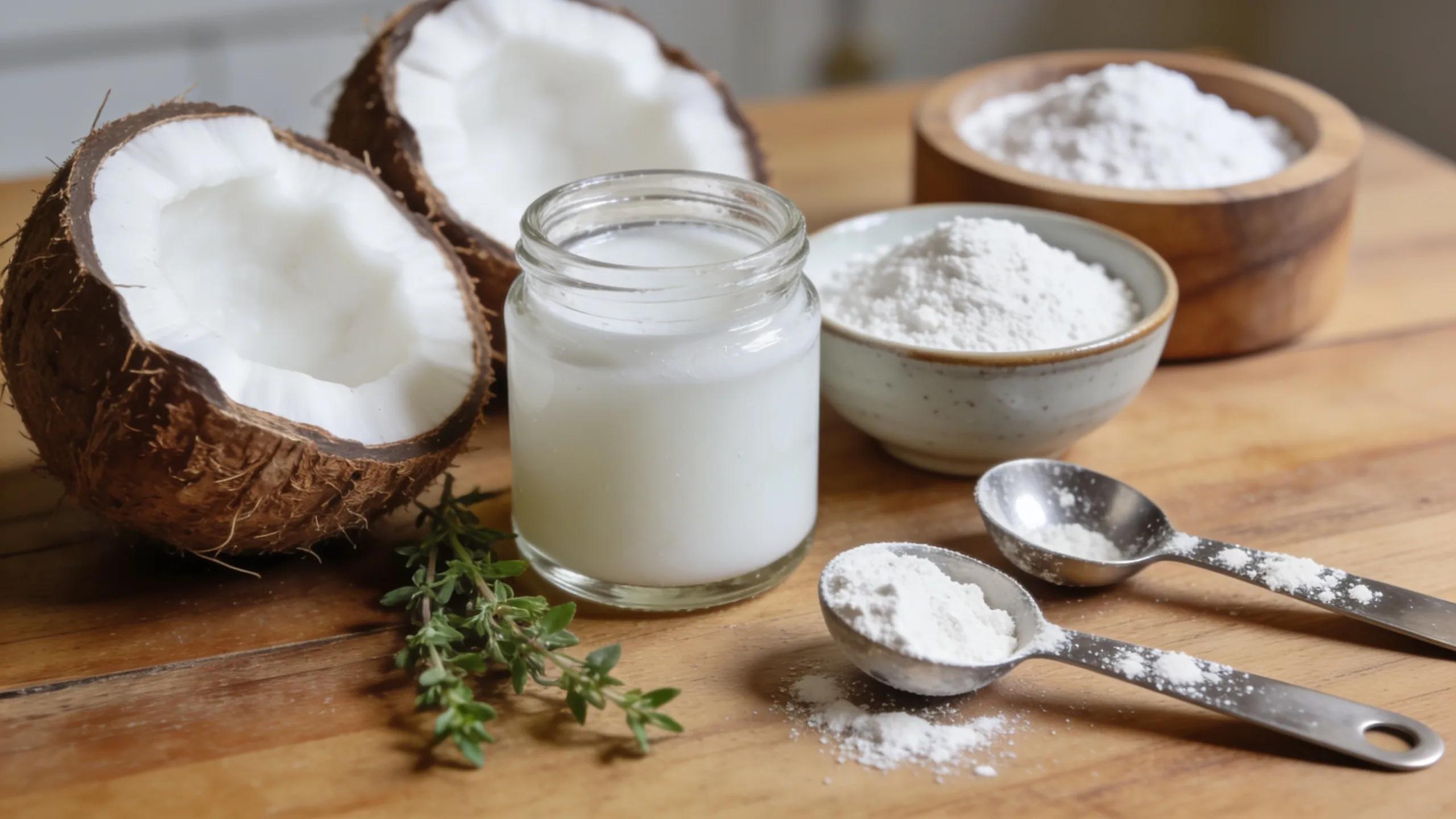 Key ingredients for baking-soda-free natural deodorants including coconut oil, magnesium hydroxide, and arrowroot powder displayed artfully