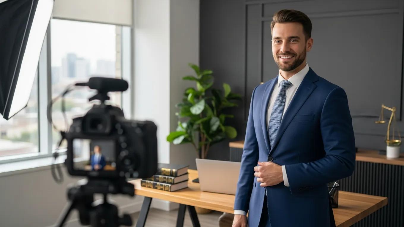 Attorney filming an authentic introduction video in a modern office setting