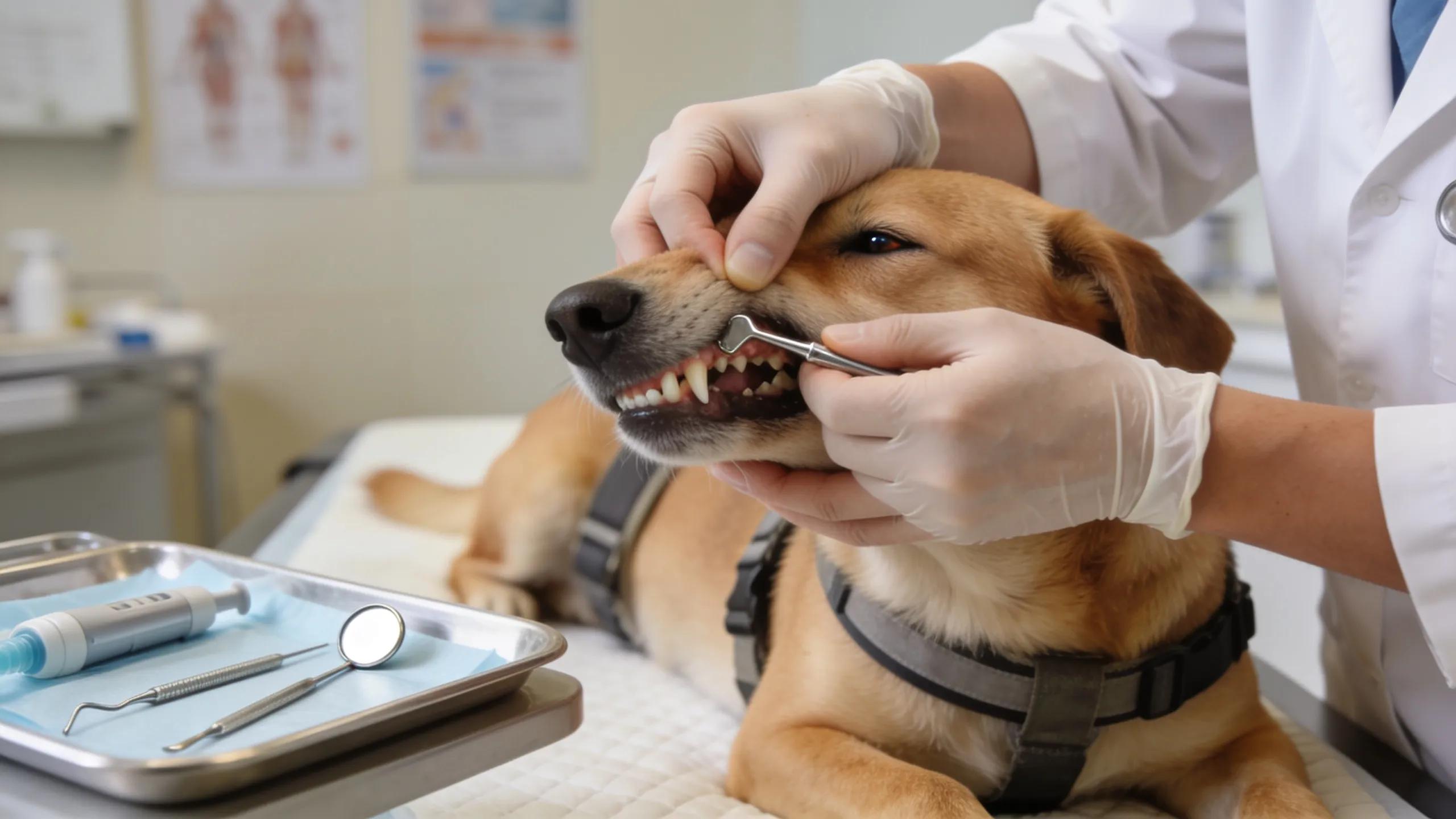 Veterinarian performing a dental cleaning on a dog, emphasizing dental wellness procedures