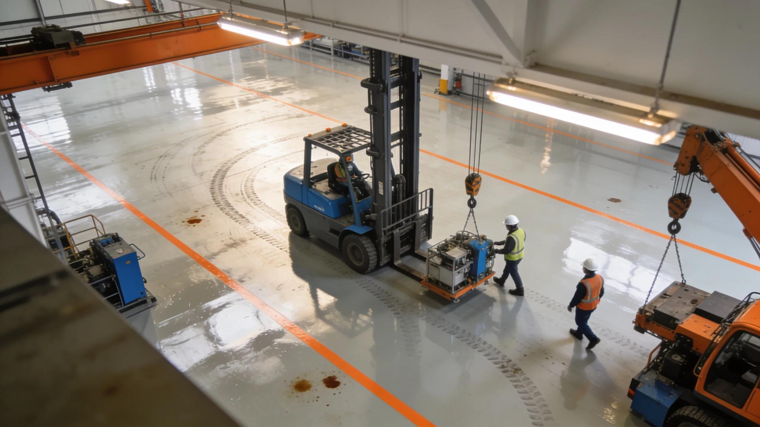 Industrial warehouse featuring durable epoxy flooring with machinery in use