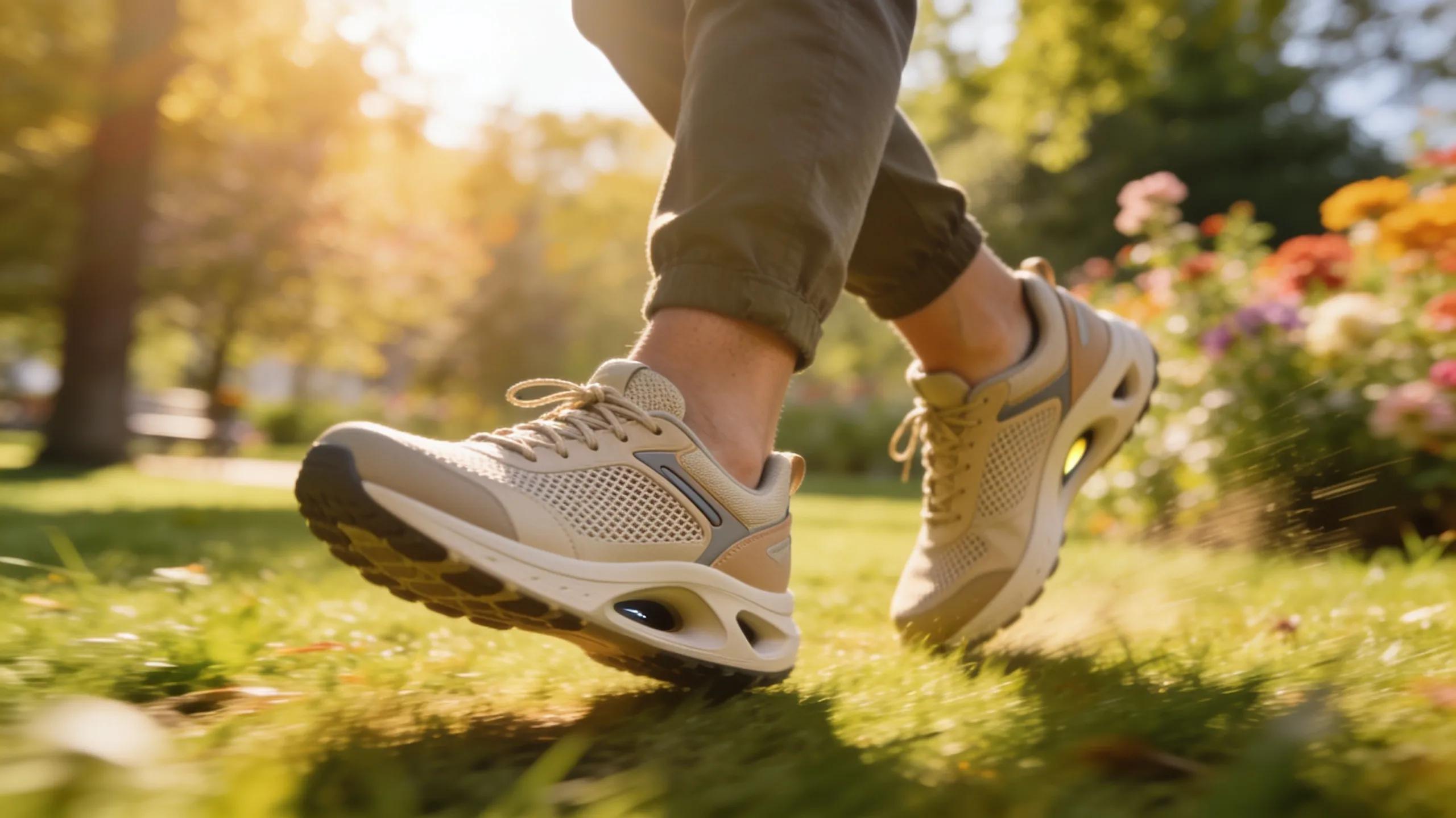 Person walking in orthopedic shoes for arthritis showcasing pain relief benefits in an outdoor setting