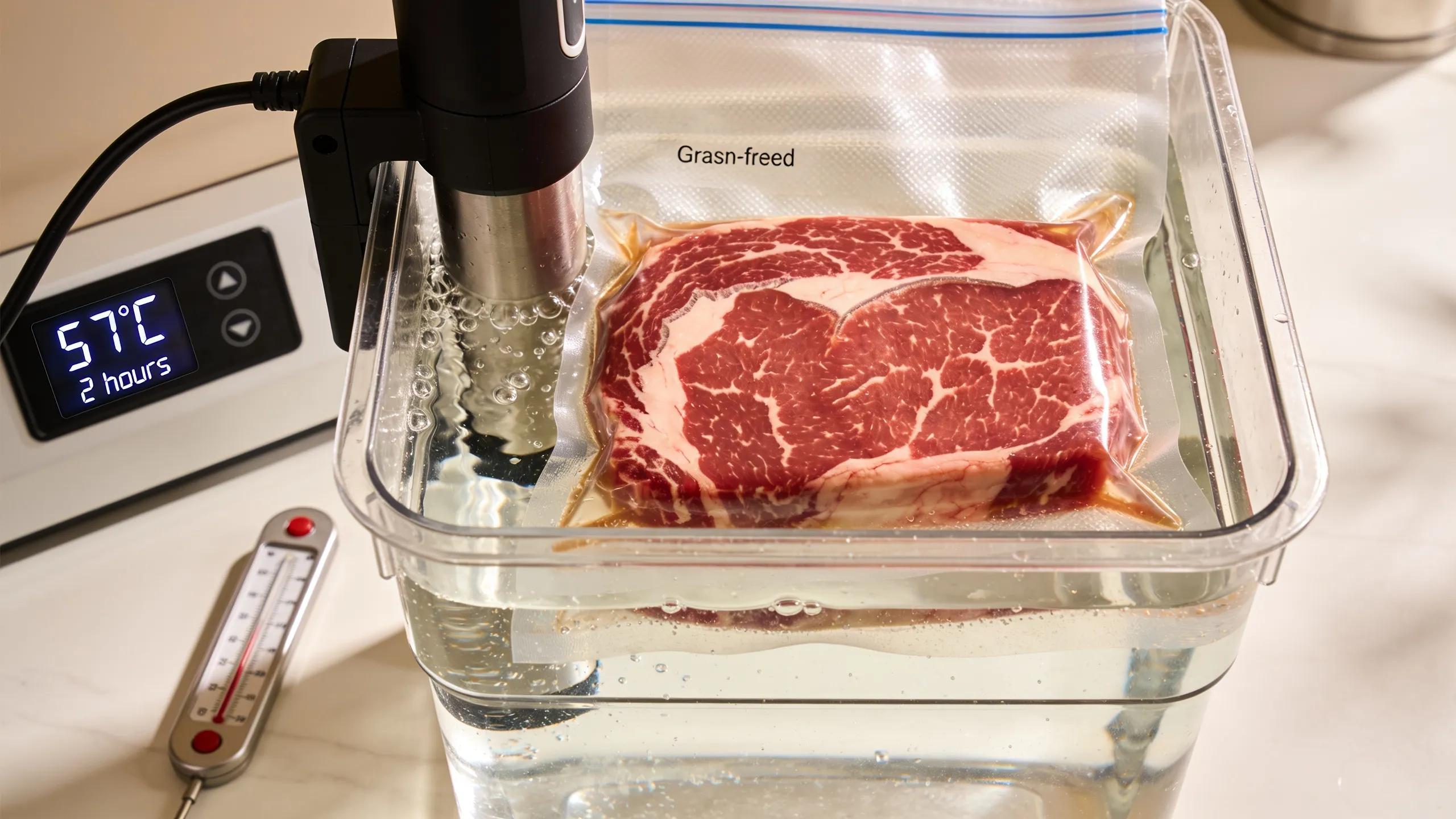Sous vide cooking process with grass-fed beef in a water bath