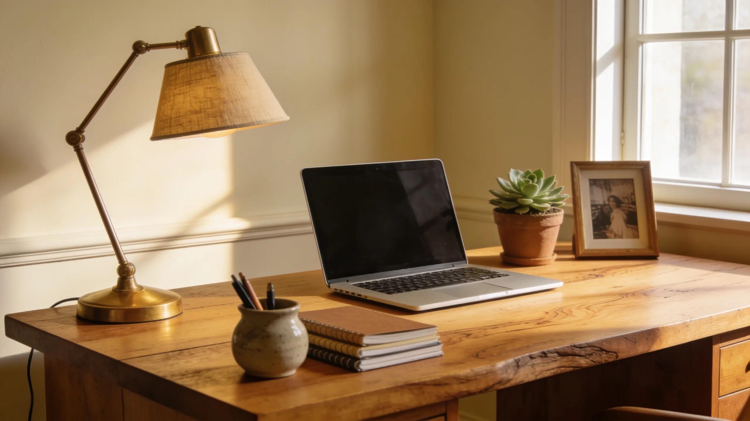 Solid wood desk in a well-decorated home office showcasing durability and aesthetic appeal