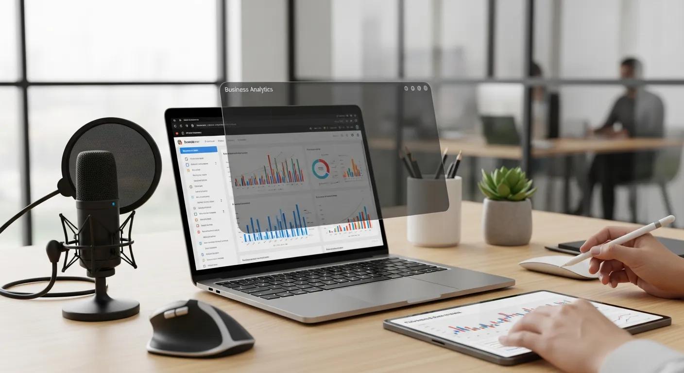 Modern workspace with a laptop showing business analytics, emphasizing privacy in online business