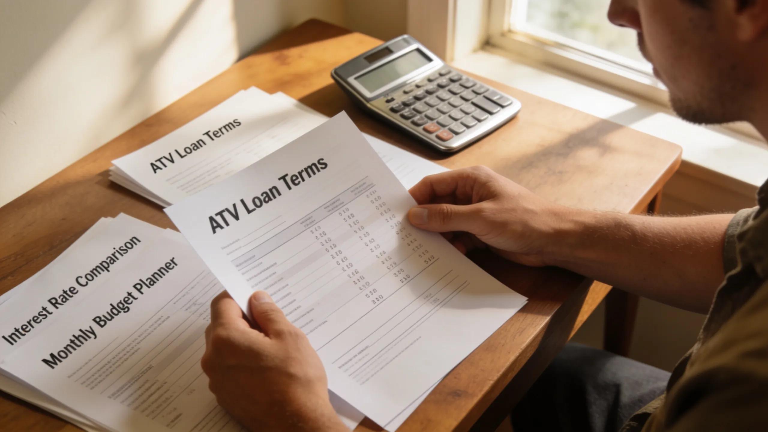 Person analyzing ATV loan terms and interest rates with documents and a calculator