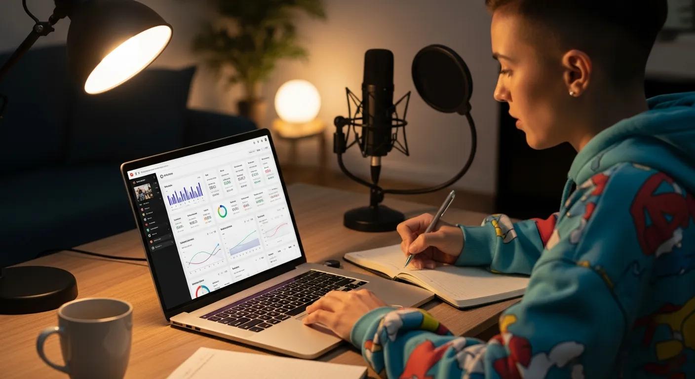 Creator reviewing video performance metrics on a laptop Creator reviewing video performance metrics on a laptop