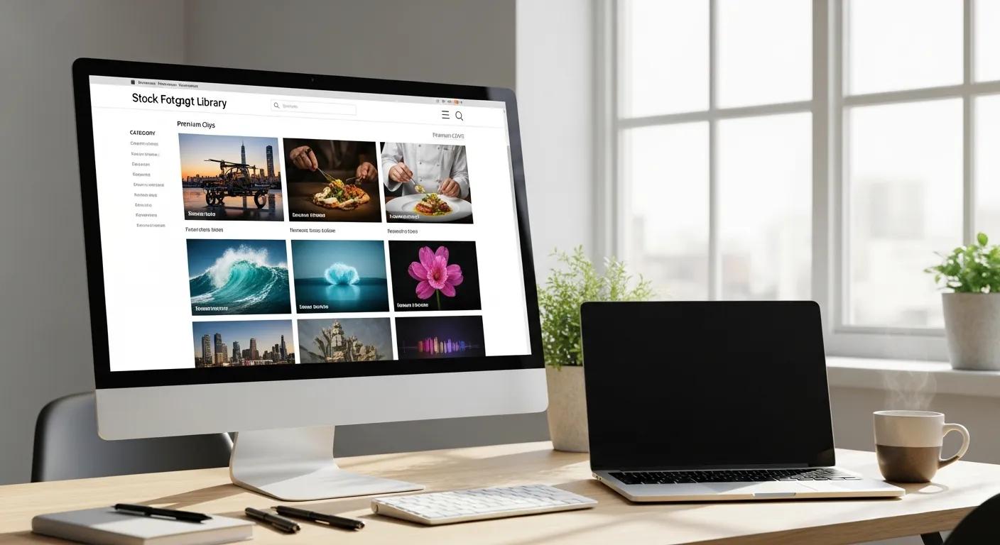 Computer screen displaying a stock footage library with high-quality clips in a bright workspace Computer screen displaying a stock footage library with high-quality clips in a bright workspace