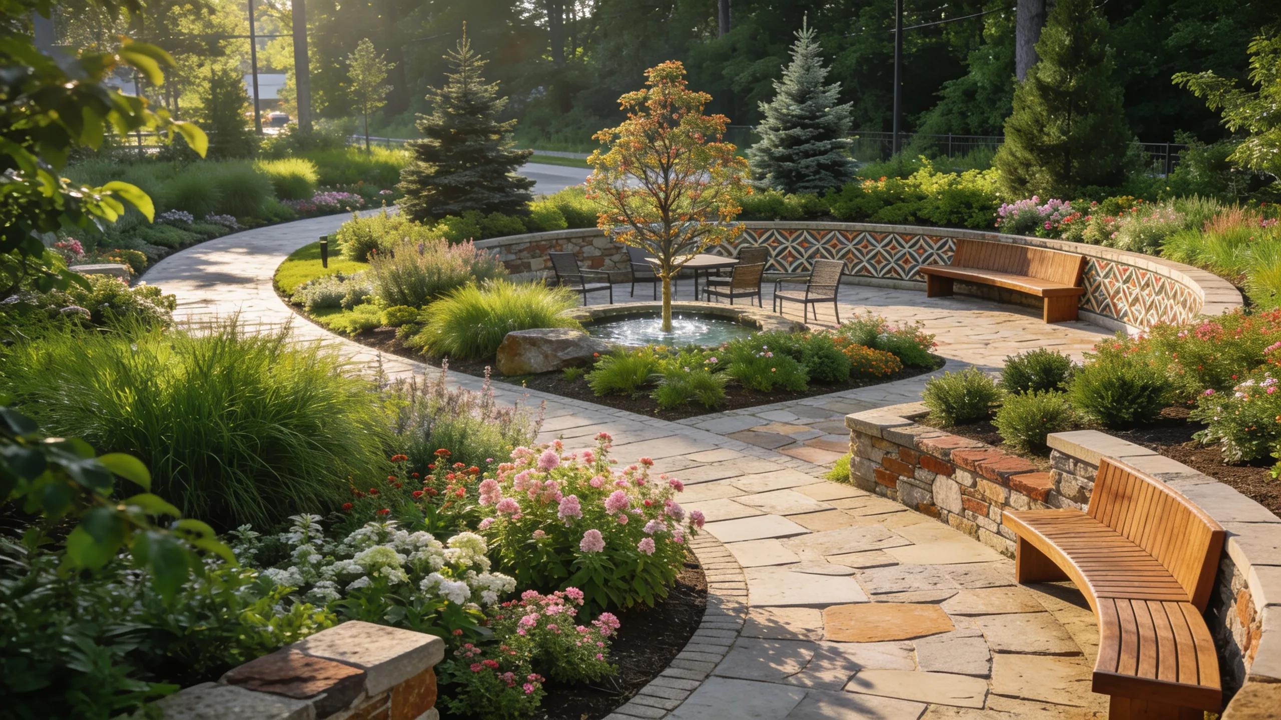 Beautifully landscaped commercial space featuring diverse plant life and modern hardscape elements enhancing outdoor aesthetics