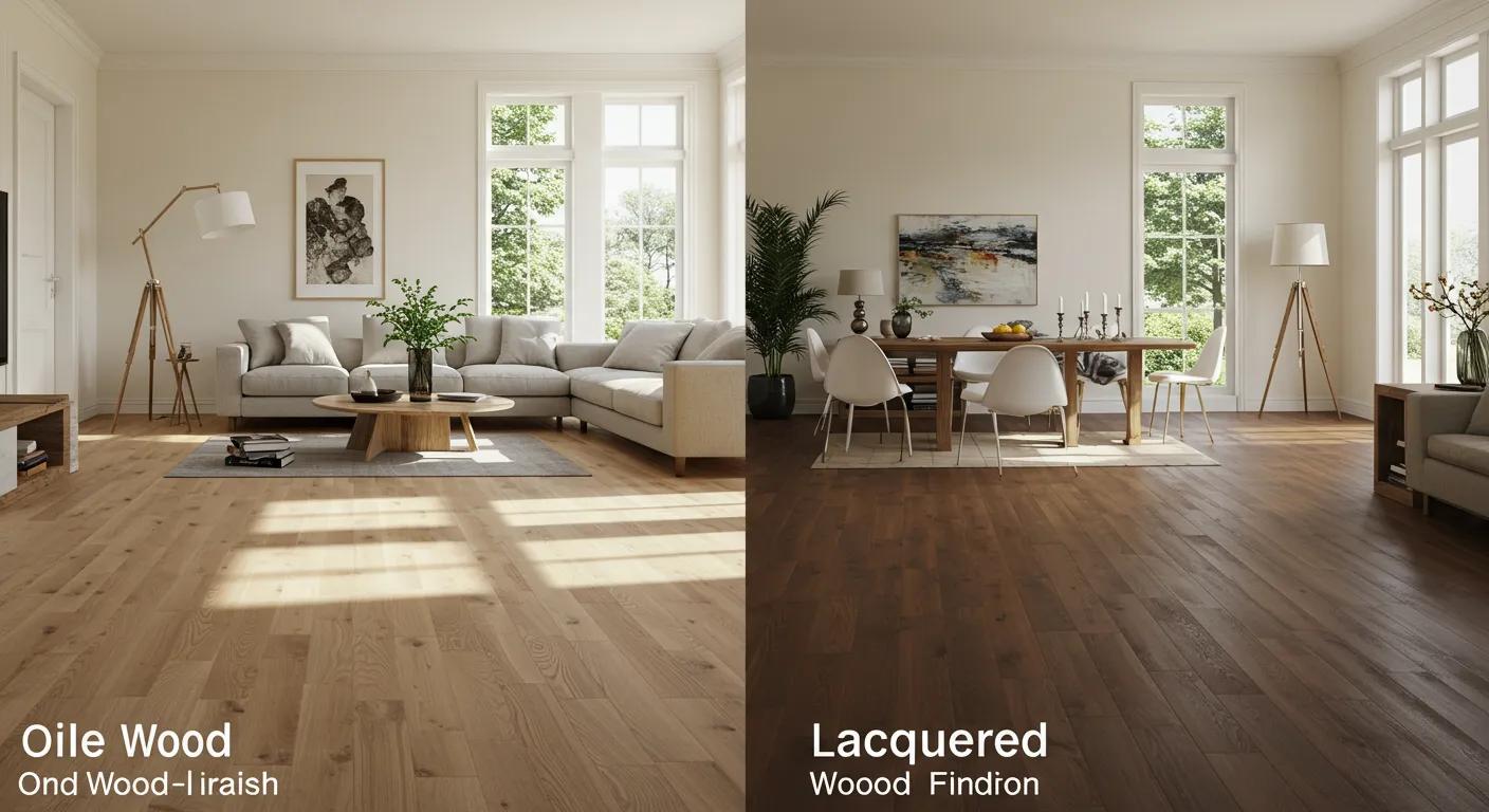 Comparison of oiled and lacquered wood flooring finishes in a home setting, showcasing their distinct appearances