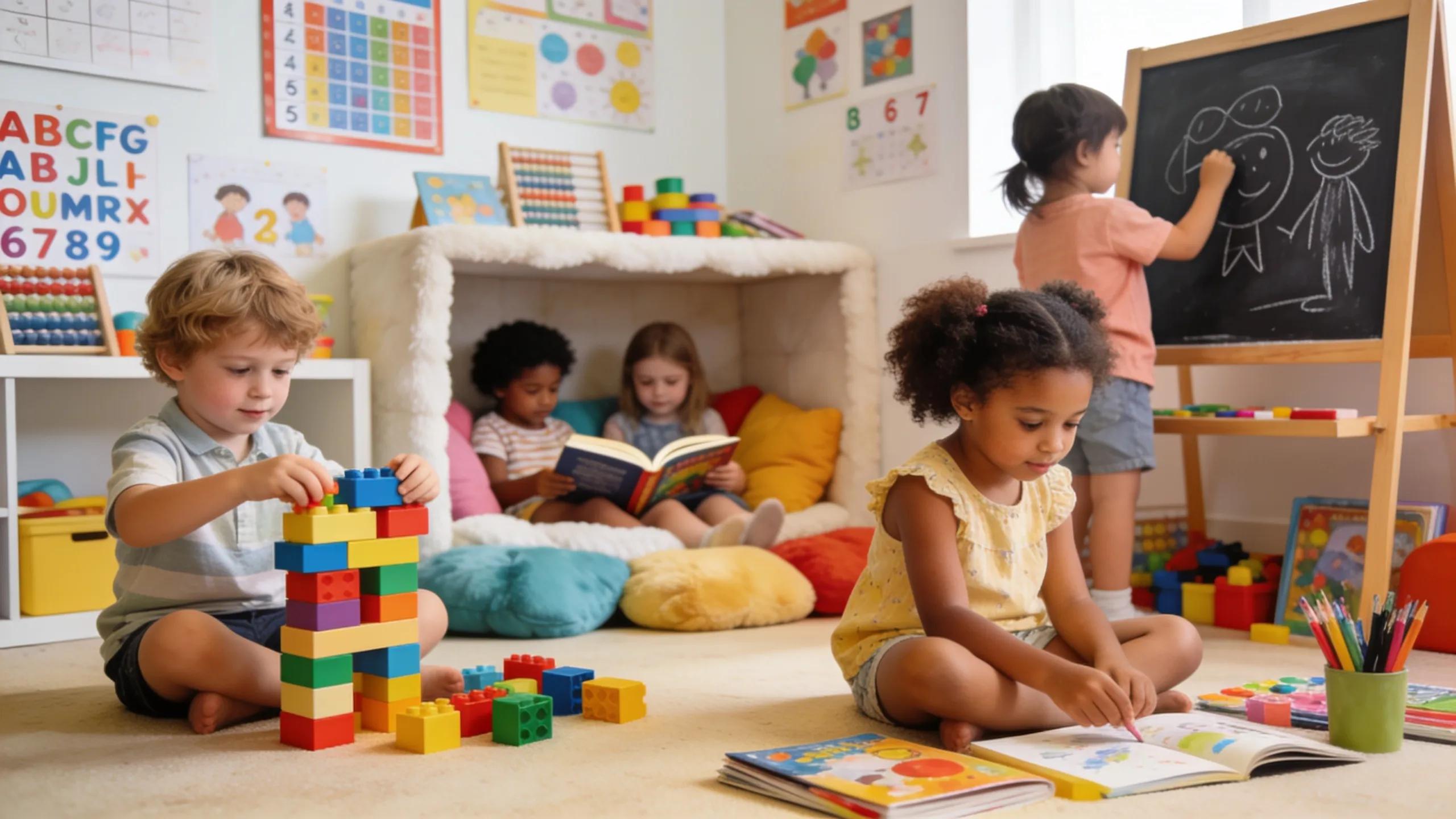 Children actively participating in early childhood education activities in a vibrant classroom