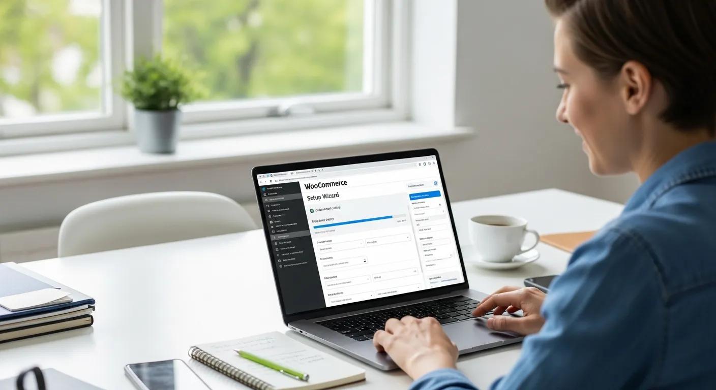 Person setting up a WooCommerce store on WordPress, illustrating e-commerce setup