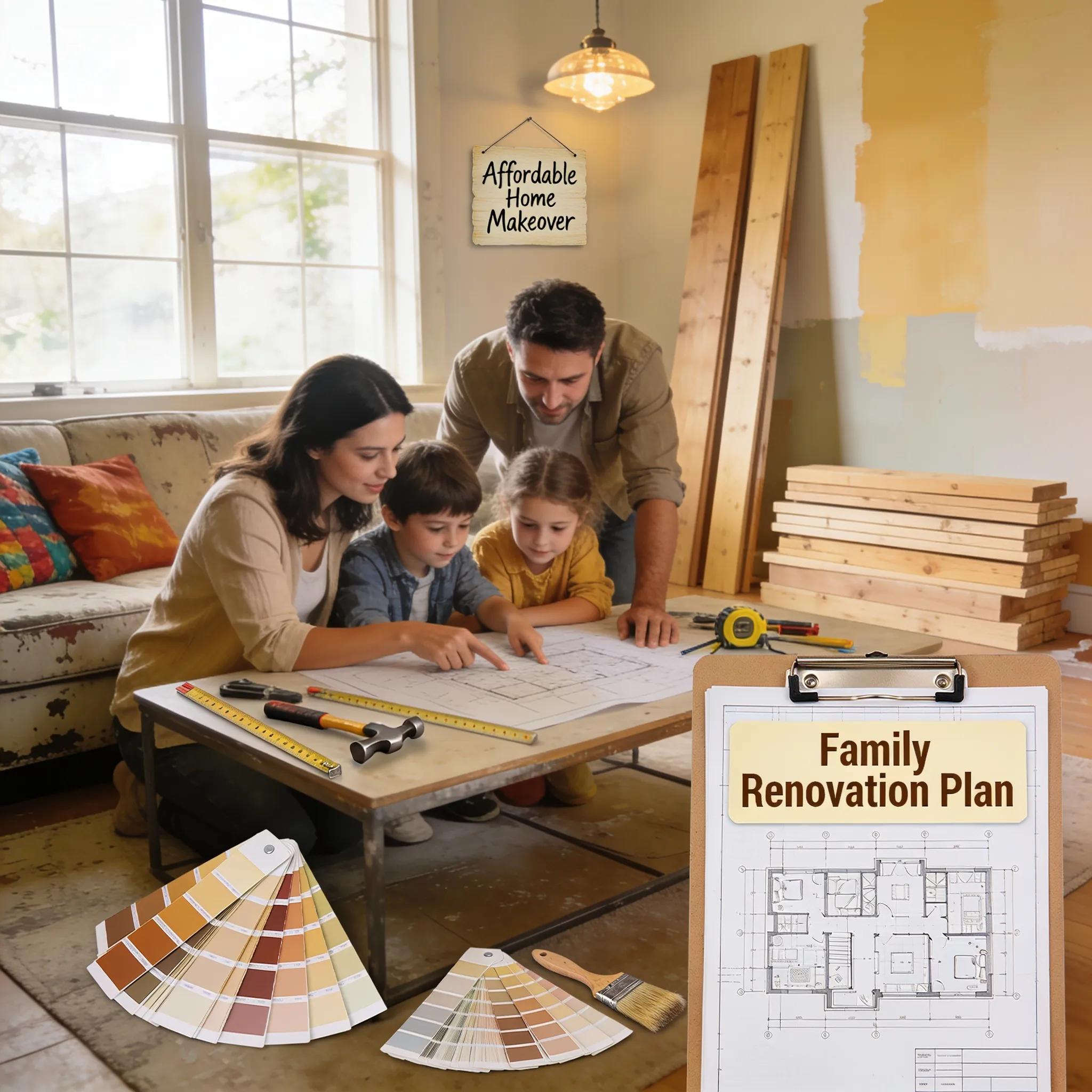 Family-friendly home renovation scene with blueprints and tools