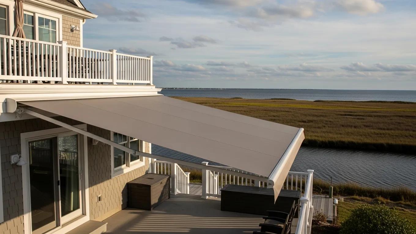 Custom retractable awning installation on coastal home in Sussex County Delaware