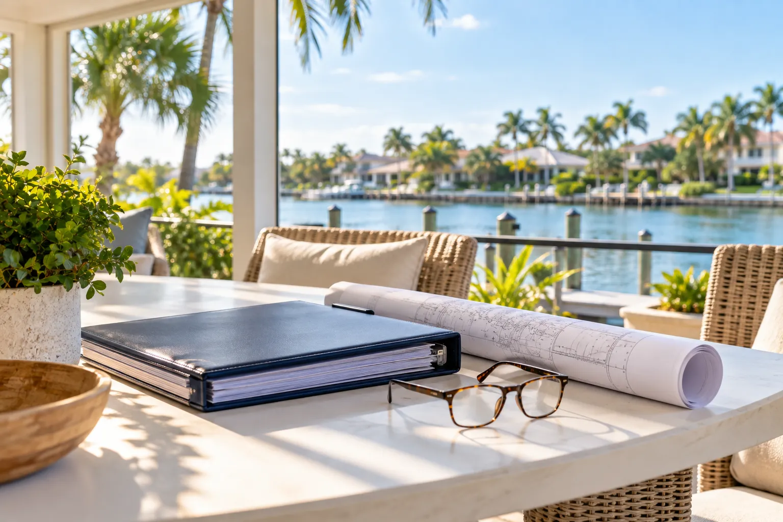 Closed binder, reading glasses, and a rolled survey on a lanai table with a water view