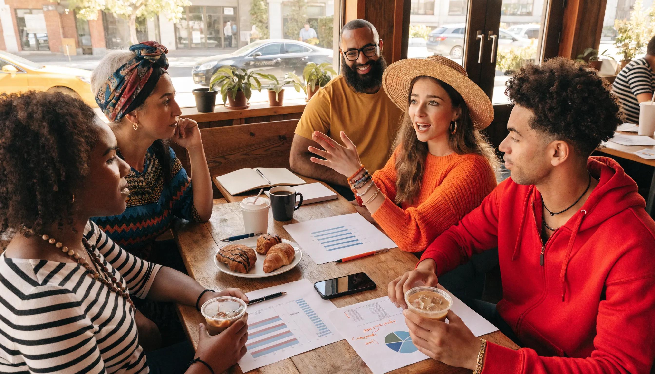 A group of diverse entrepreneurs reviewing business financing options together in a relaxed cafe setting