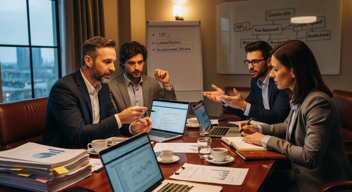 Financial professionals collaborating on due diligence for non-performing notes in a cozy meeting room Financial professionals collaborating on due diligence for non-performing notes in a cozy meeting room
