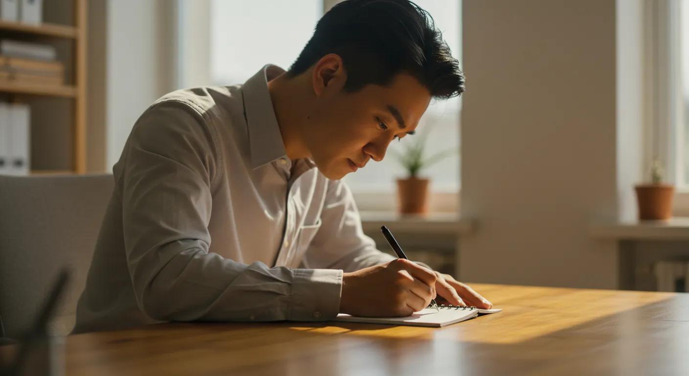 Close-up of a person writing an apology note in a warm office environment Close-up of a person writing an apology note in a warm office environment