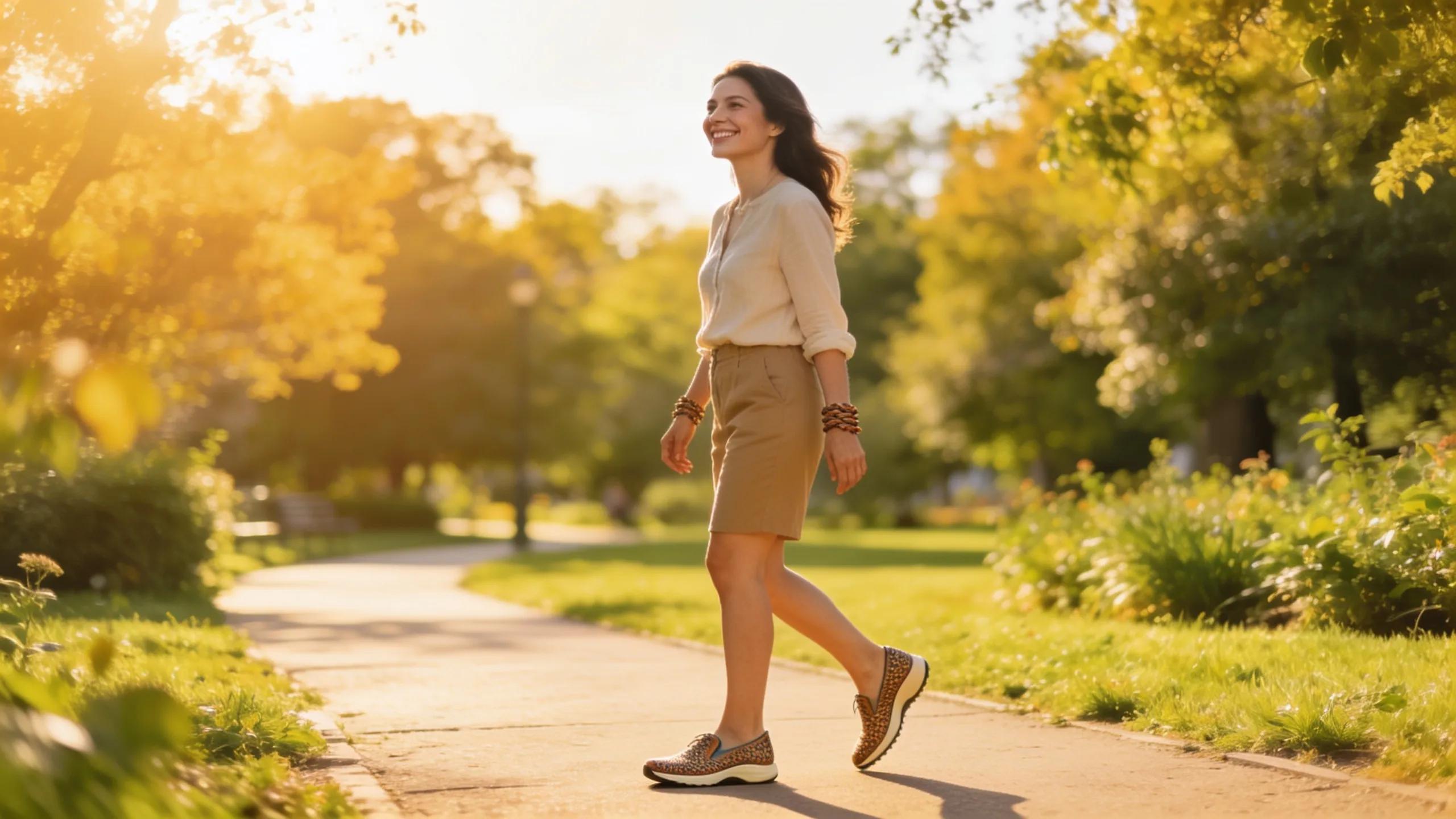 Woman wearing comfortable shoes for arthritis relief walking in a sunny park