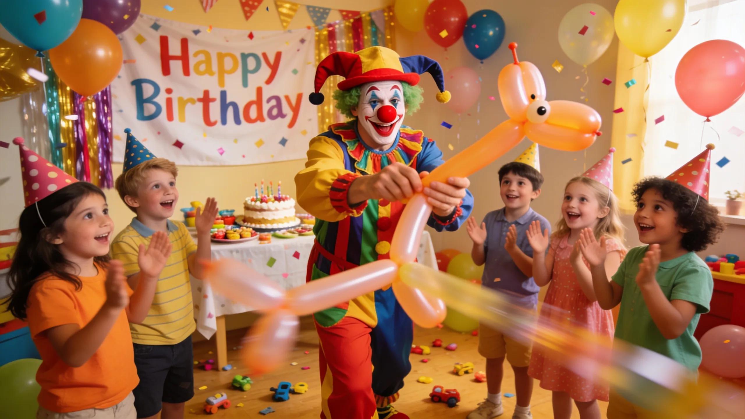 Clown twisting balloons while children eagerly watch at a children's birthday party
