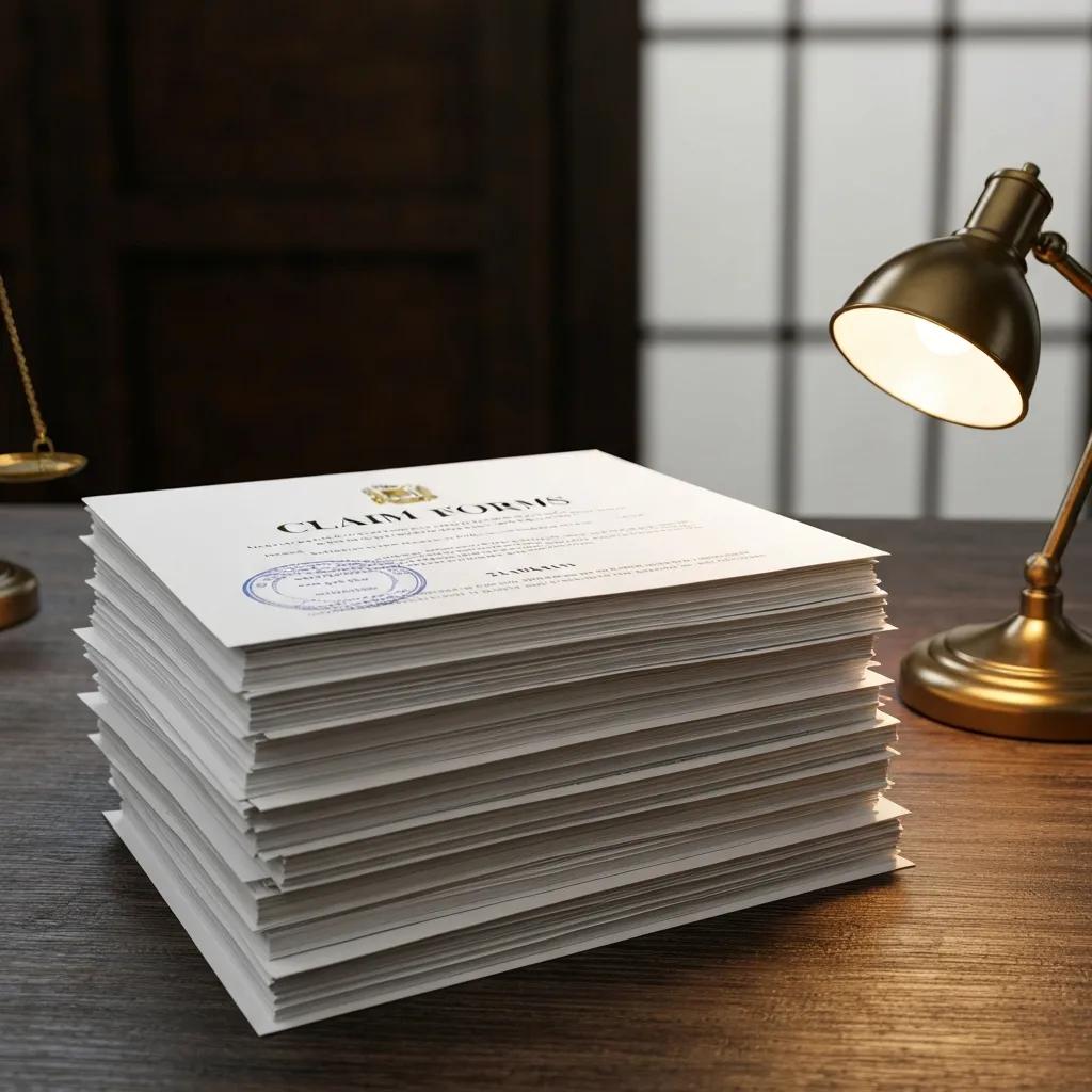 Stack of legal documents including claim forms and summons, representing process serving