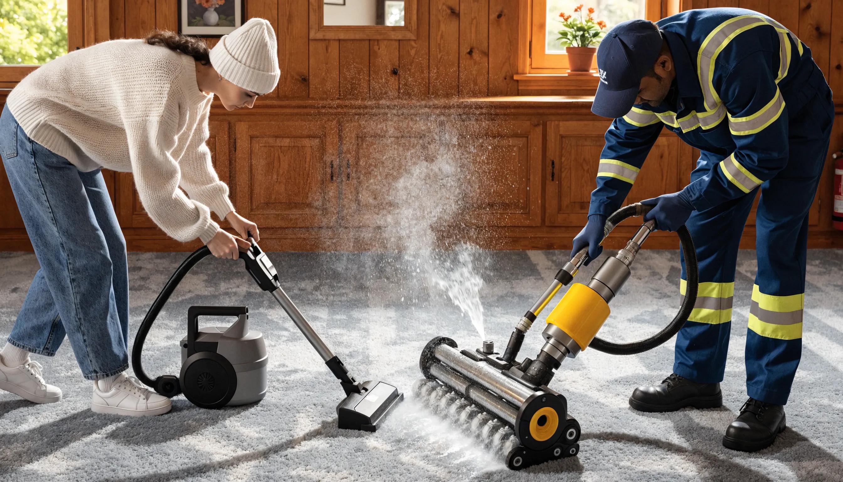 Comparison of carpet cleaner hire machine and professional cleaning service in a living room