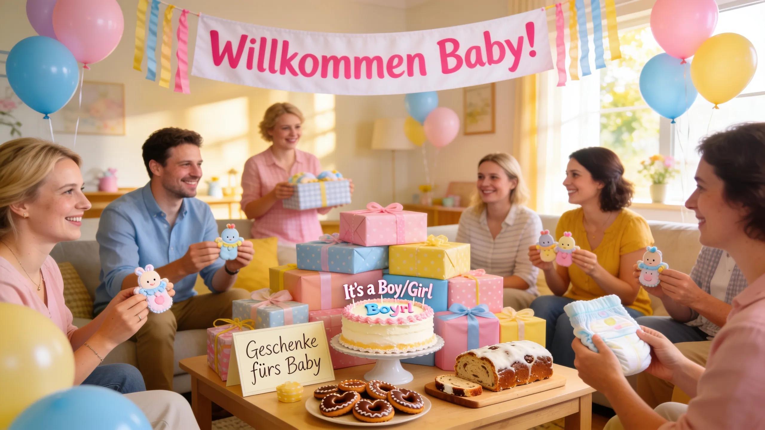 Celebration of a German baby shower with decorations and joyful gathering, highlighting cultural birth rituals