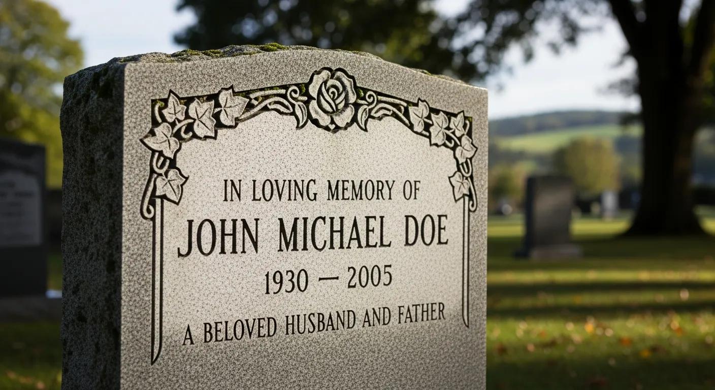 Close-up of a finely crafted headstone with detailed lettering in a tranquil outdoor setting