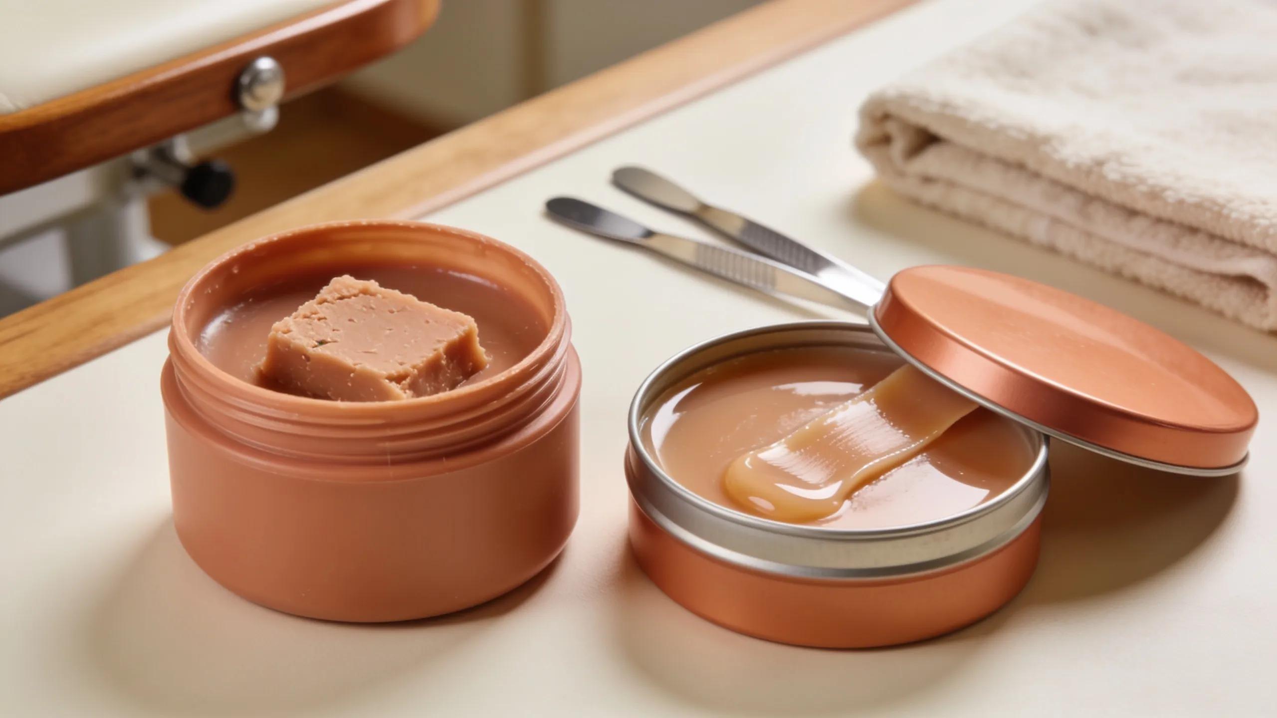 Image of hard wax and soft wax products displayed in a beauty salon setting, illustrating the main topic of waxing types