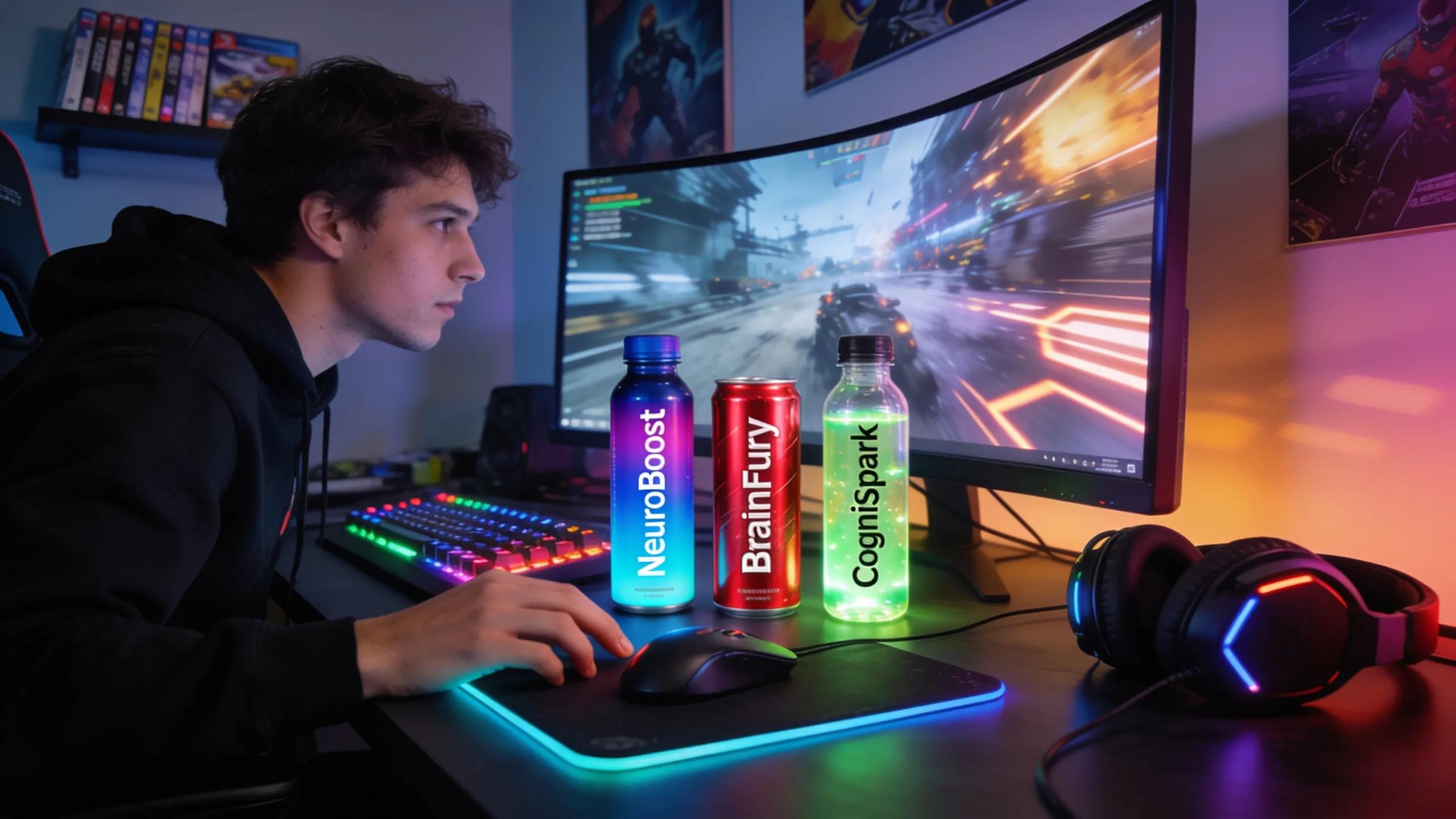 Gamer focused on gameplay with nootropic energy shots in a dynamic gaming setup