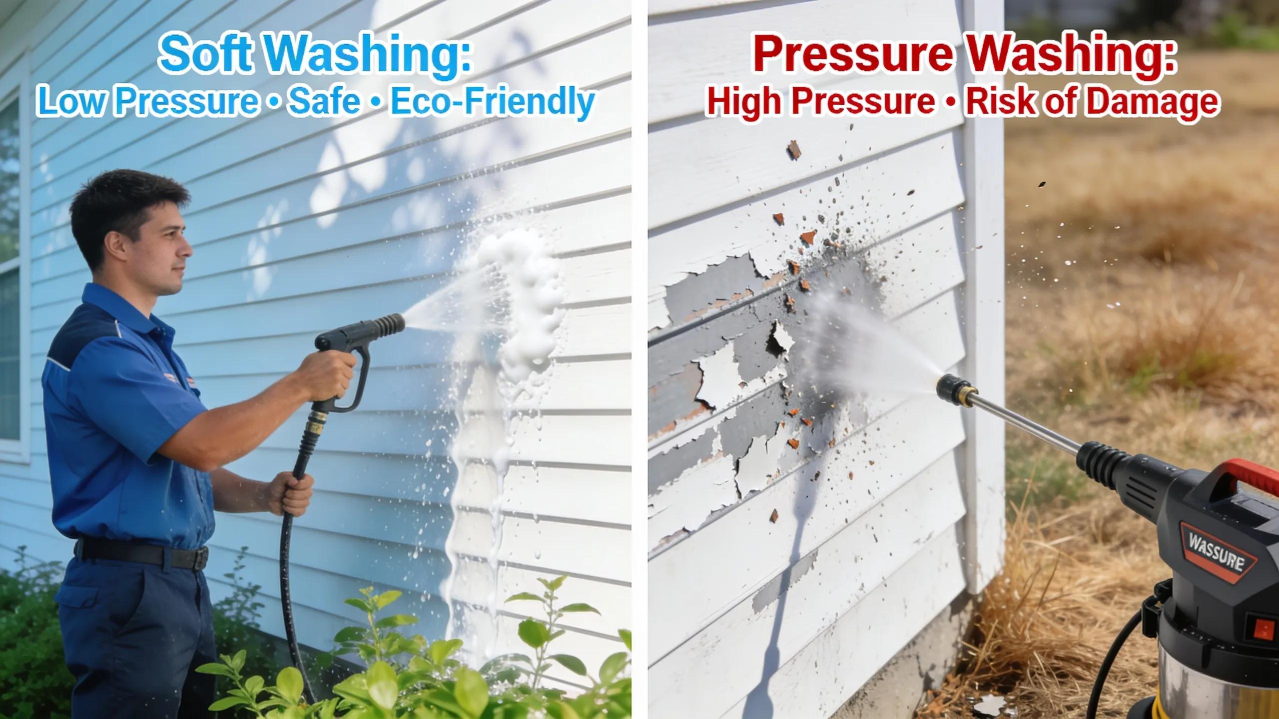 Comparison of soft washing and traditional pressure washing highlighting safety and eco-friendliness