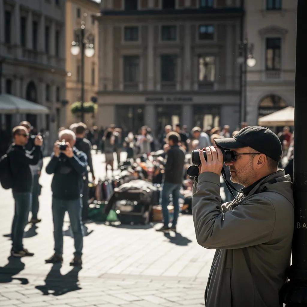 Investigator conducting covert surveillance with binoculars in a public place